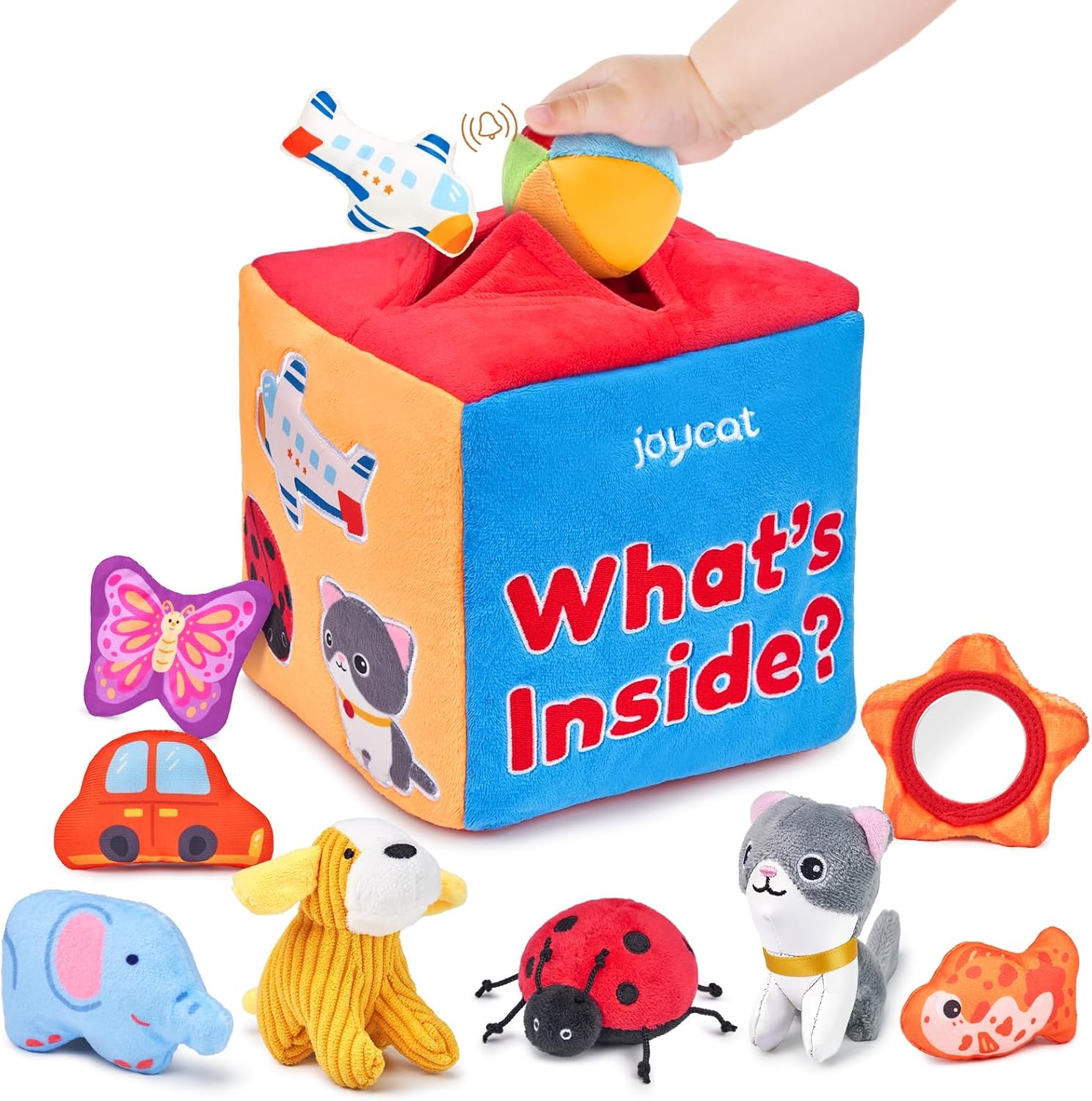 JoyCat Baby Toys 6-12 Months - Mystery Soft Box with 10 Sensory Objects, Rattle, Crinkle Paper, Mirror - What's Inside Box Infant Gifts, Soft Busy Toys 1-2 - Baby Easter Basket Stuffers Gifts
