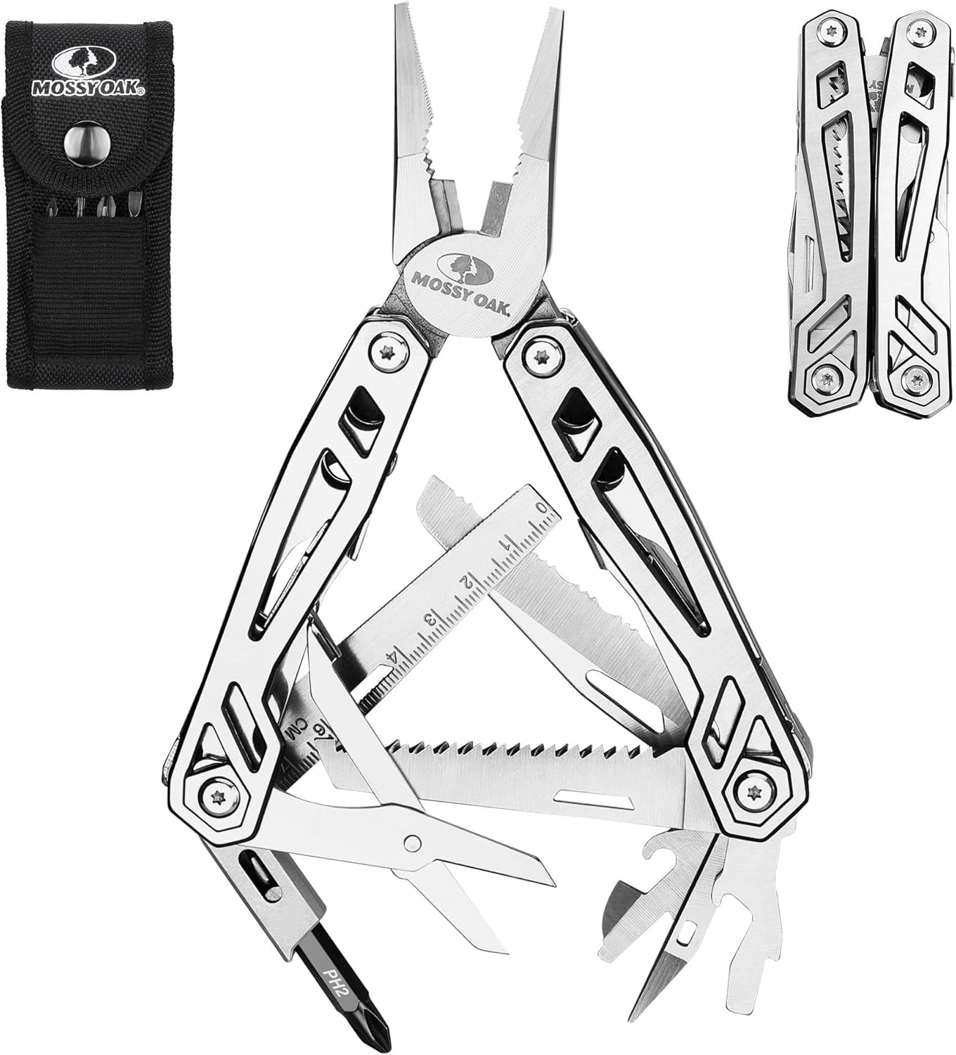 Mossy Oak 22-in-1 Multi-Tool Pliers Includes Carry Bag | Stainless Steel Multifunctional Tool Featuring A Wire Cutter, Bottle Opener, and Screwdriver| Perfect for Camping and Maintenance | Metallic