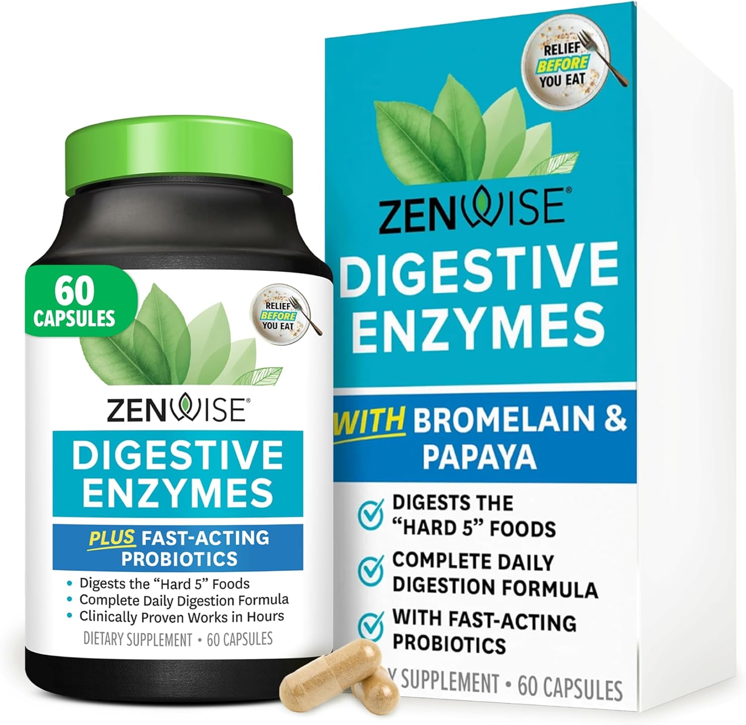 Zenwise Health Digestive Enzymes and Bromelain for Gut Health - Probiotic Multi Enzymes with Prebiotics and Probiotics for Women and Men for Digestive Health and Bloating Relief for Digestion - 60 CT