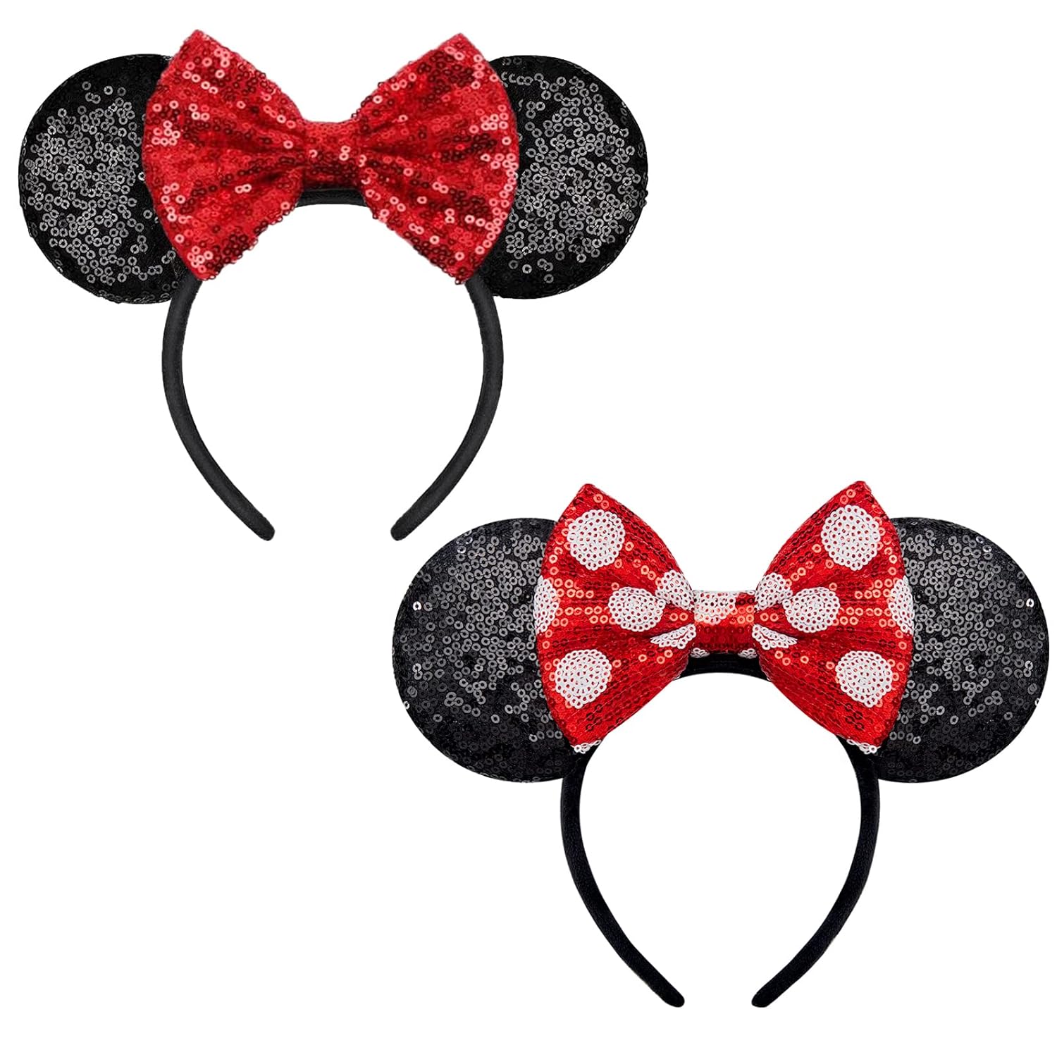 2 PCS Mouse Ears, Shiny Red Sequin Bow Mouse Ears Headbands for Adult Women Girls Christmas Birthday Party (Red&dot bow)