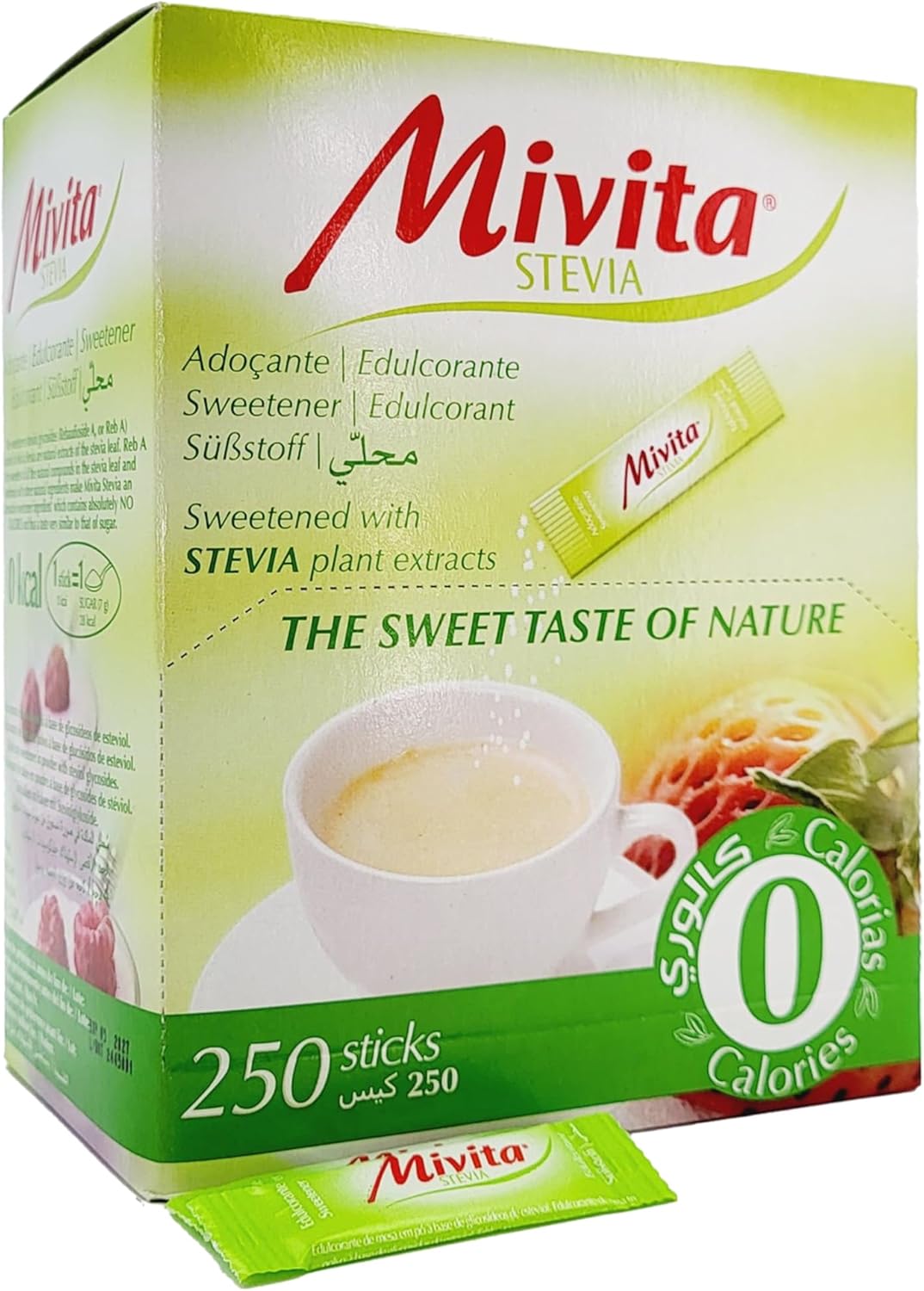 Mivita Stevia Sweetener 250 Sticks – zero calories sugar alternative, crunchy texture, lactose-free, gluten-free, zero glycemic index