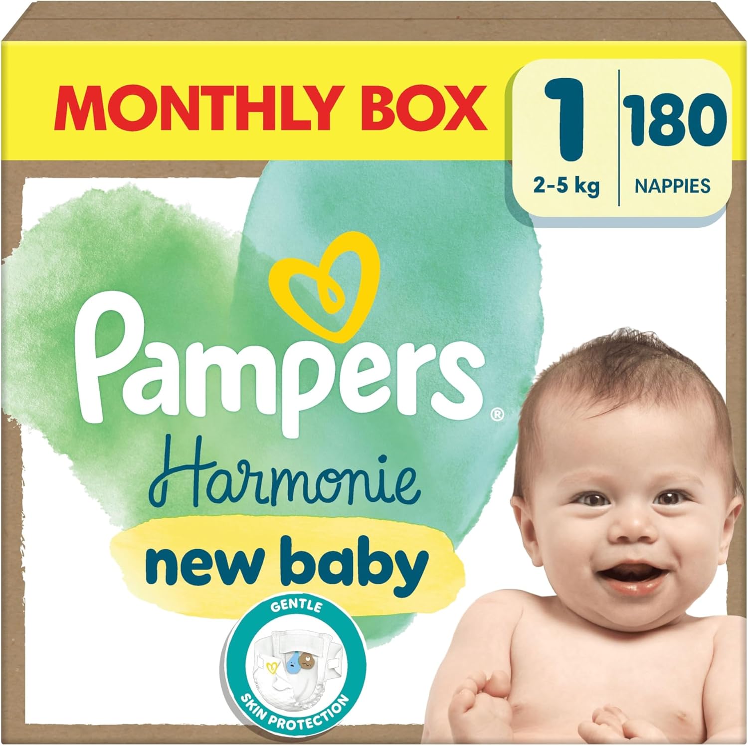 Pampers Harmonie Nappies Size 1, 180 Nappies, 2kg-5kg, Monthly Pack, Gentle Skin Protection with 100 Percent Pampers Protection