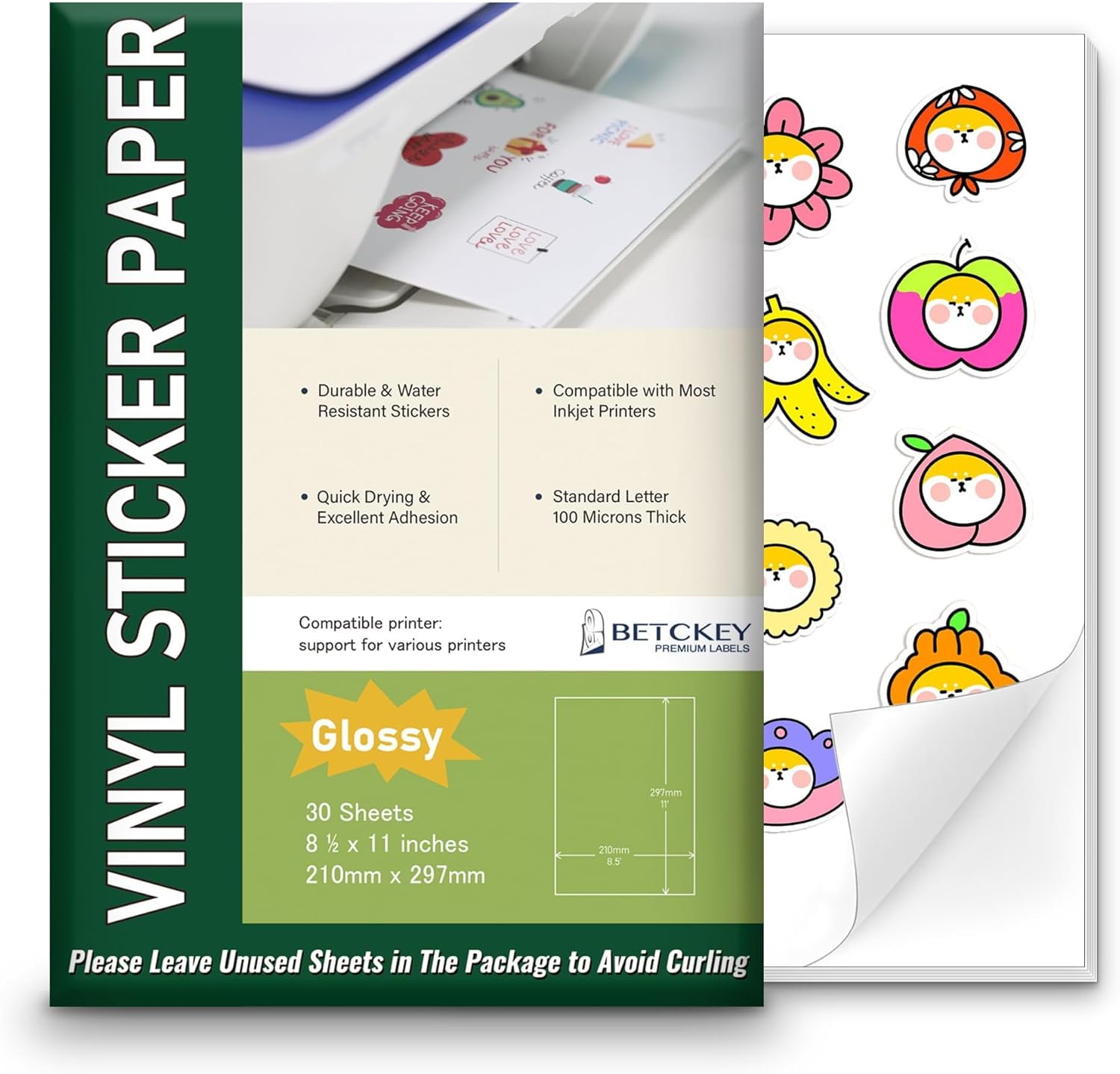 Glossy Printable Vinyl Sticker Paper for Inkjet & Laser Printer - 30 Sheets - 8.5" x 11" - Waterproof, Dries Quickly Vivid Colors