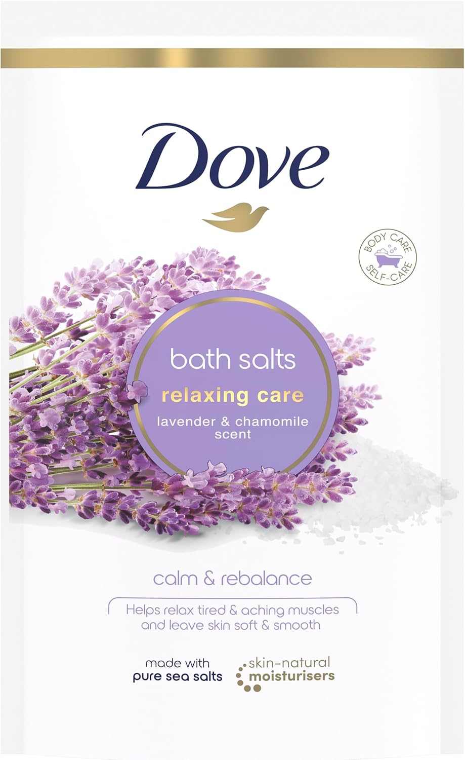 Dove Relaxing Care Lavender & Chamomile Bath Salts with skin-natural moisturisers to relax your mind & body, leaving your skin smooth & soft 900 g