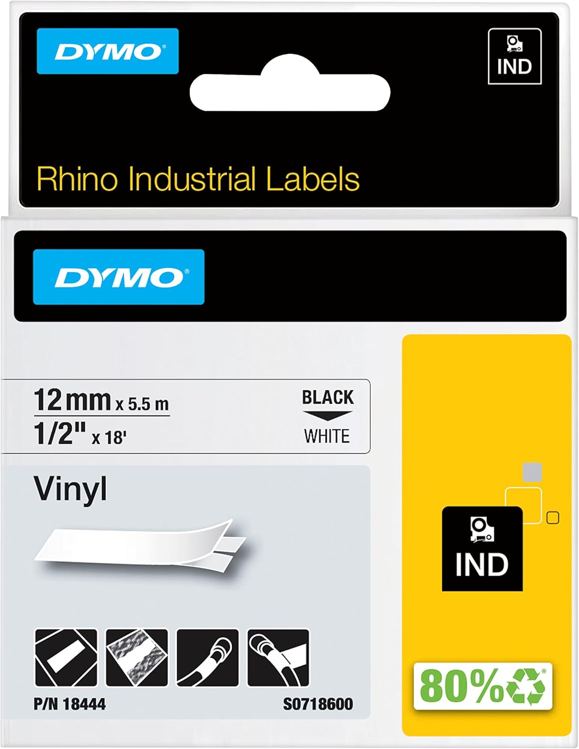 DYMO Rhino Industrial Vinyl Labels | 12 mm x 5.5 m | Black Print on White | Self-Adhesive | for Rhino & LabelManager Label Makers