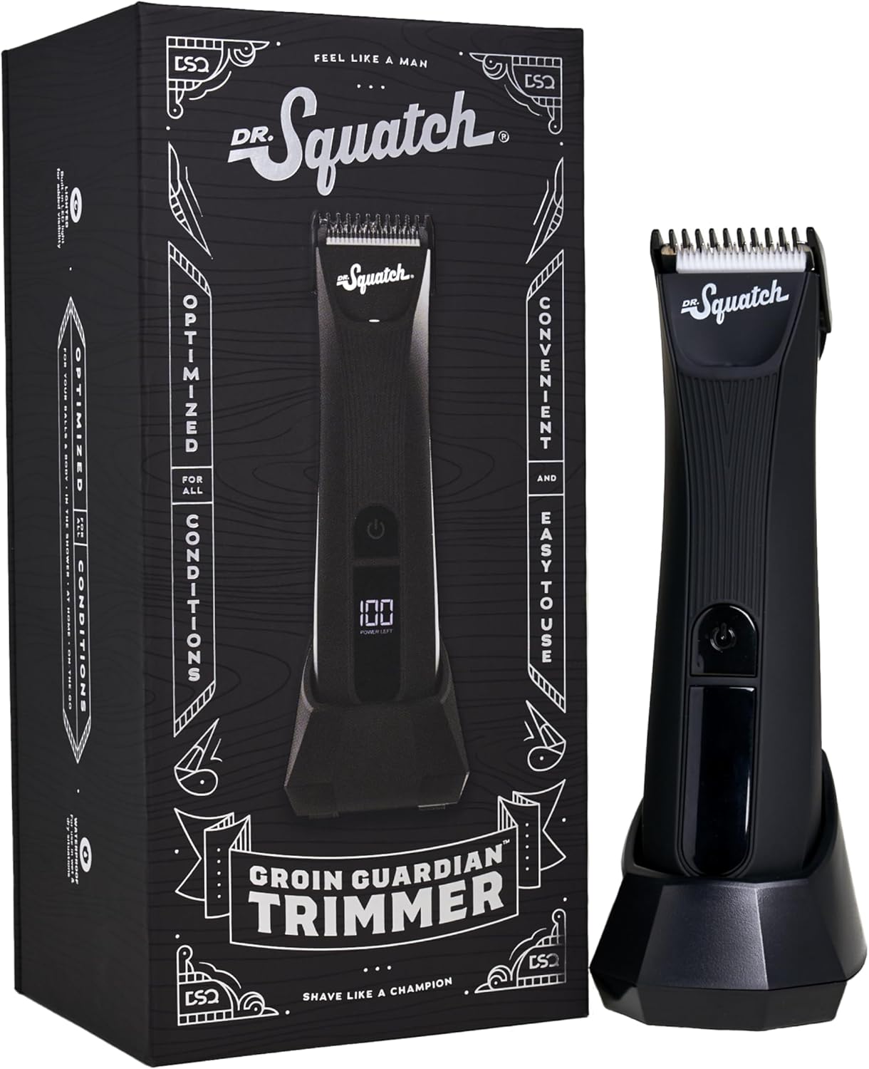 Dr. Squatch Groin Guardian Electric Trimmer with Squatch-Shield Technology™ Groin & Body Hair Trimmer, Cordless Trimmer with Built-in LED Light, Black