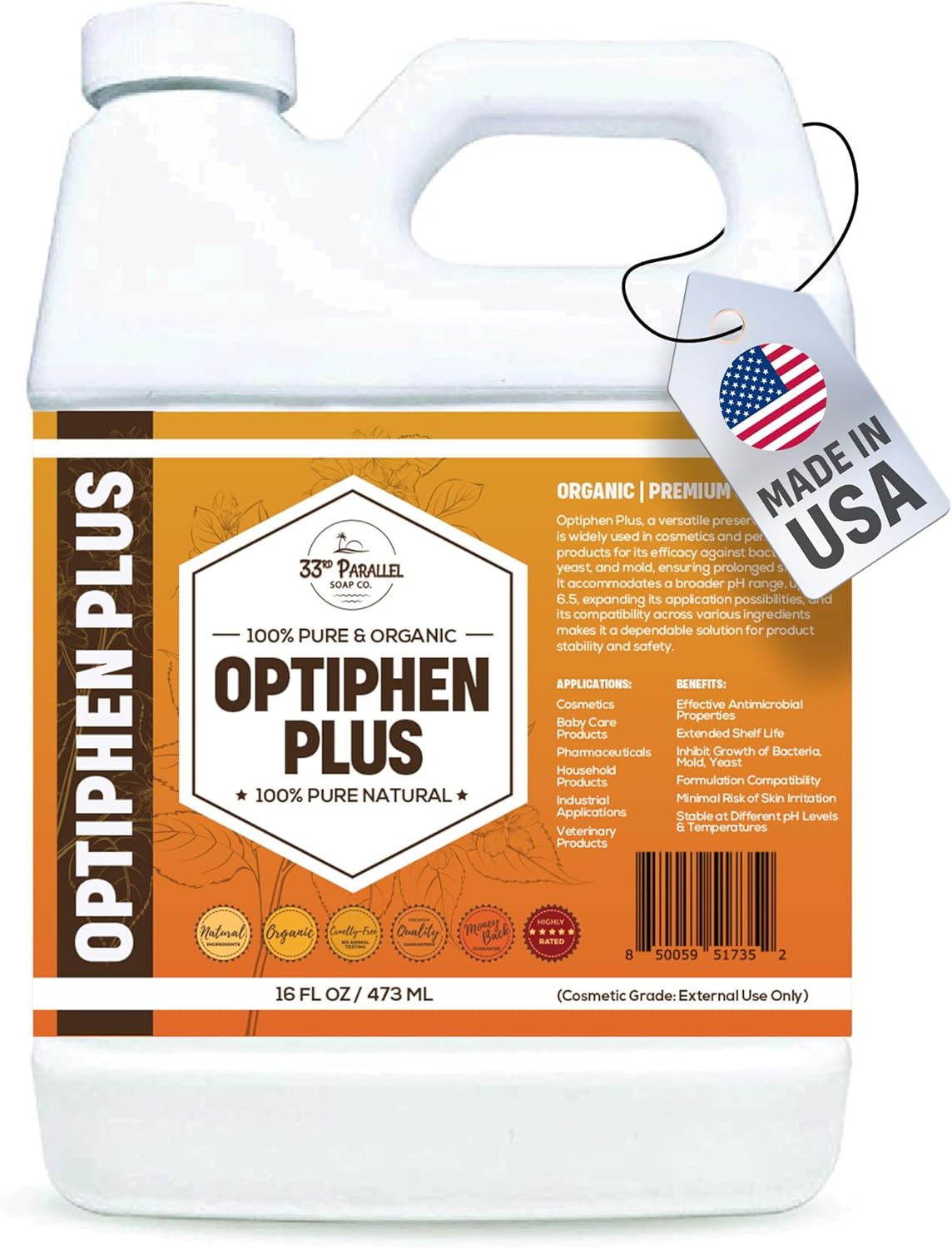OPTIPHEN Plus Natural Preservative (16 oz) Paraben-Free; Formaldehyde-Free; Water & Oil Soluble | Suitable for Soap Making, Lotions, Conditioners, Creams | Keeps Products Fresh & Safe | 16 Ounces