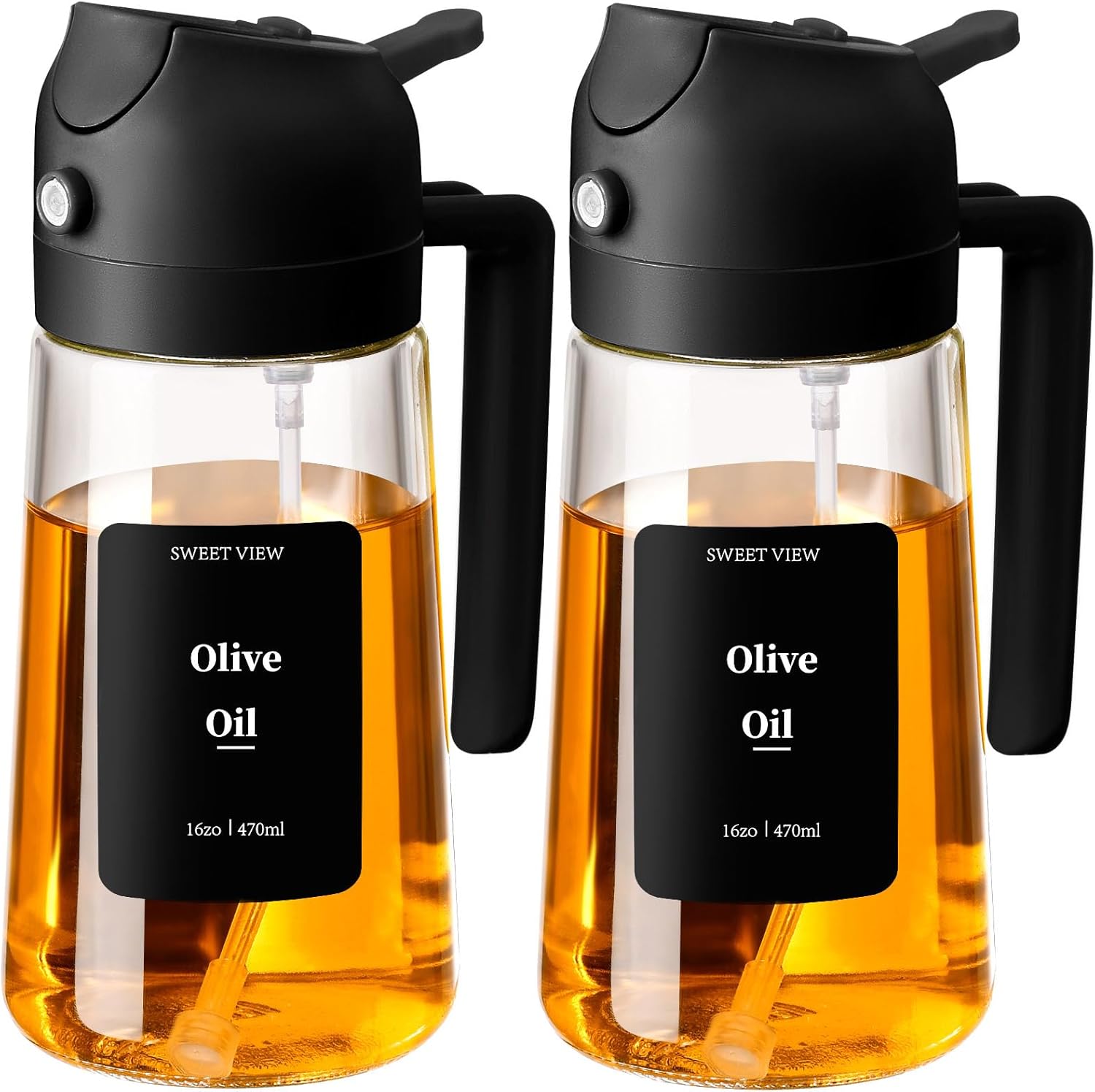 2PCS Olive Oil Spray Bottle, 470ml 2 In 1 Glass Oil Sprayr & Pour/Dispenser for Kitchen, Air Fryer, Cooking, Salad, BBQ (Black,Black)