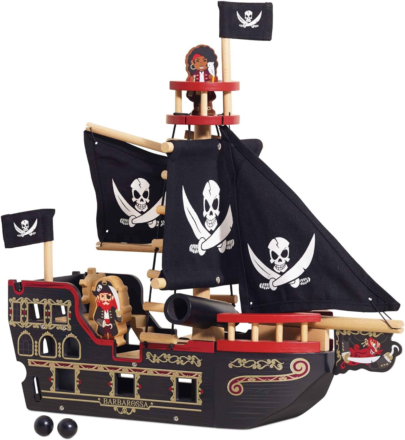 Le Toy Van - Wooden Educational Pirates Collection Barbarossa Pirate Ship With Cannon, Cannon Balls, Plank, Trap Door and Anchor | Pretend Play Pirate Toys, Black, Medium