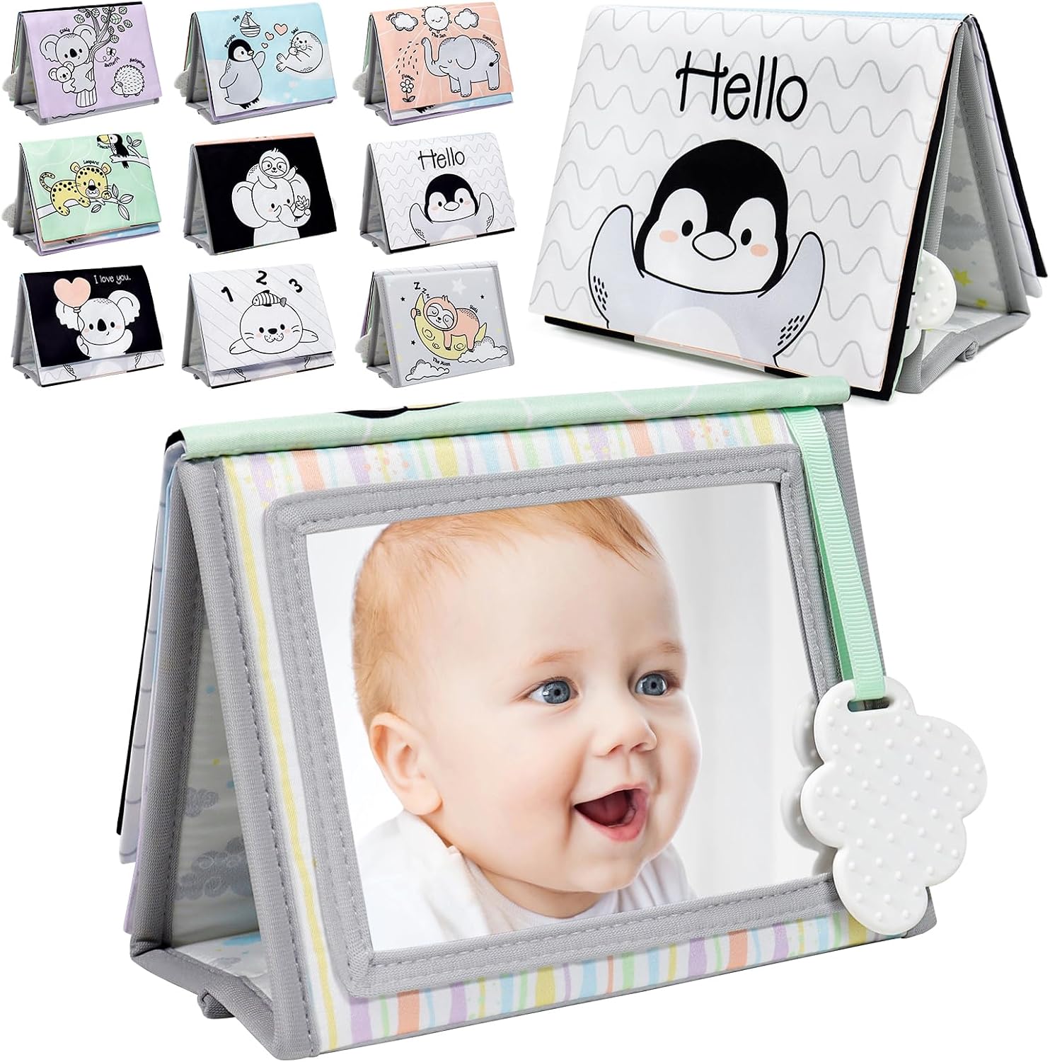 Dr.Rapeti Tummy Time Floor Mirror, High Contrast Baby Mirror with Soft Book