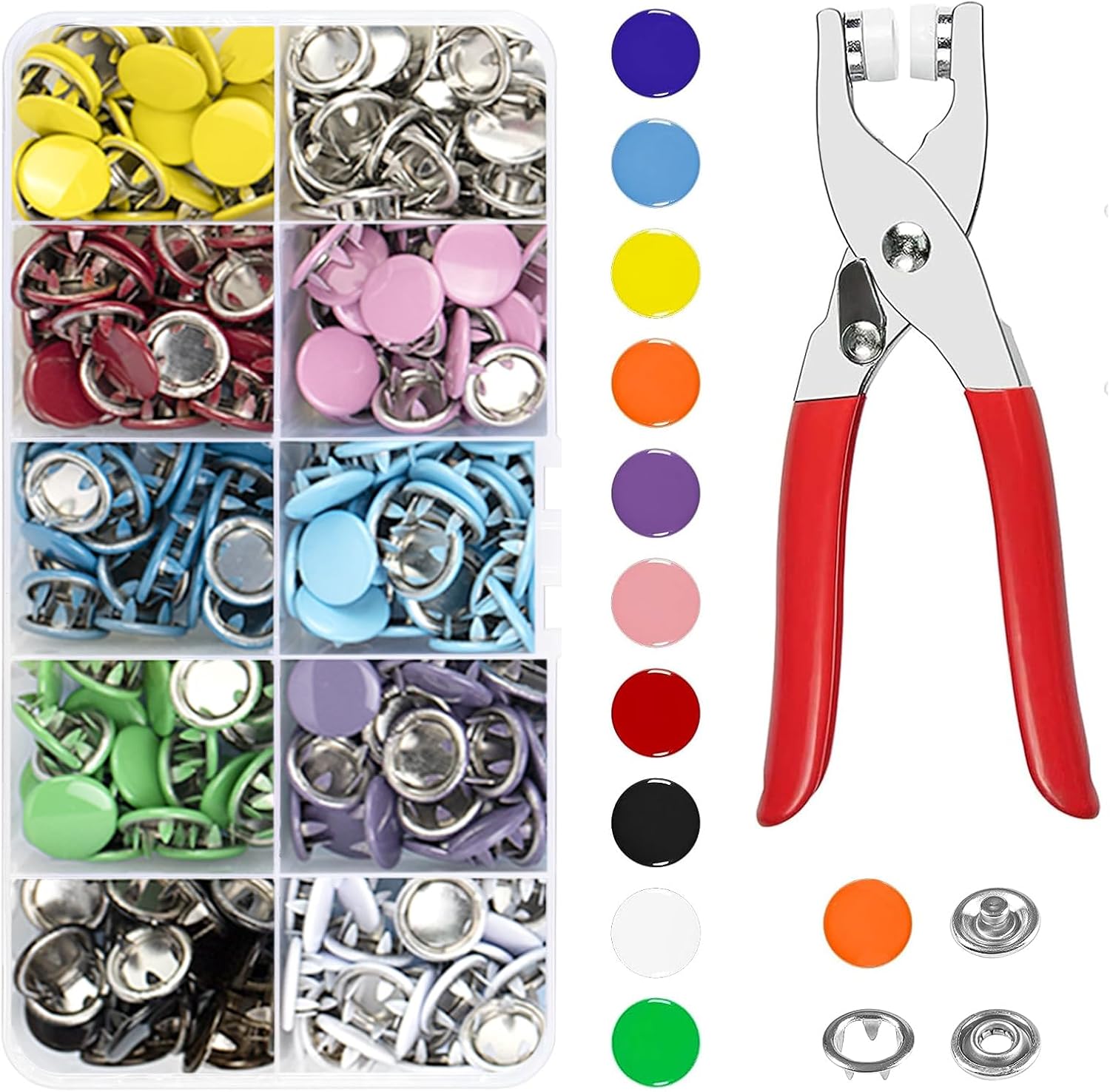 Snap Button Fastener Kit, 100 Sets Metal Poppers Fasteners with Pressure Pliers, Poppers Press Studs Snap Fasteners No Sewing, Snap Button Kit for DIY Clothing, Bags, Handmade (10 Colors, 9.5mm)