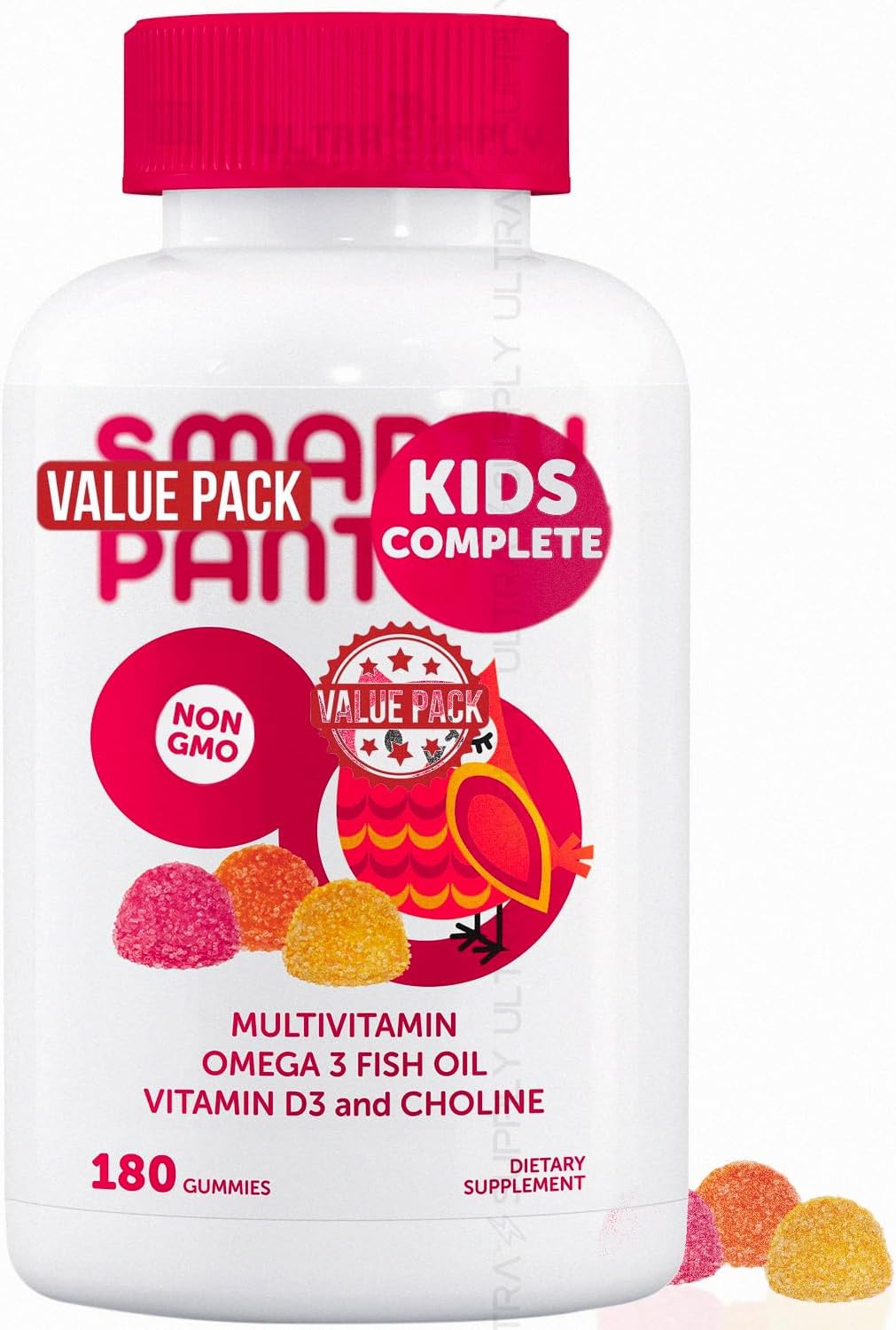 Smarty_Pant Kids Multivitamin Gummies (180 Count. Value Pack) with Omega-3 Fish Oil, Vitamin D3, B12, Folate & Choline - Non-GMO, Gluten Free, Delicious Flavors