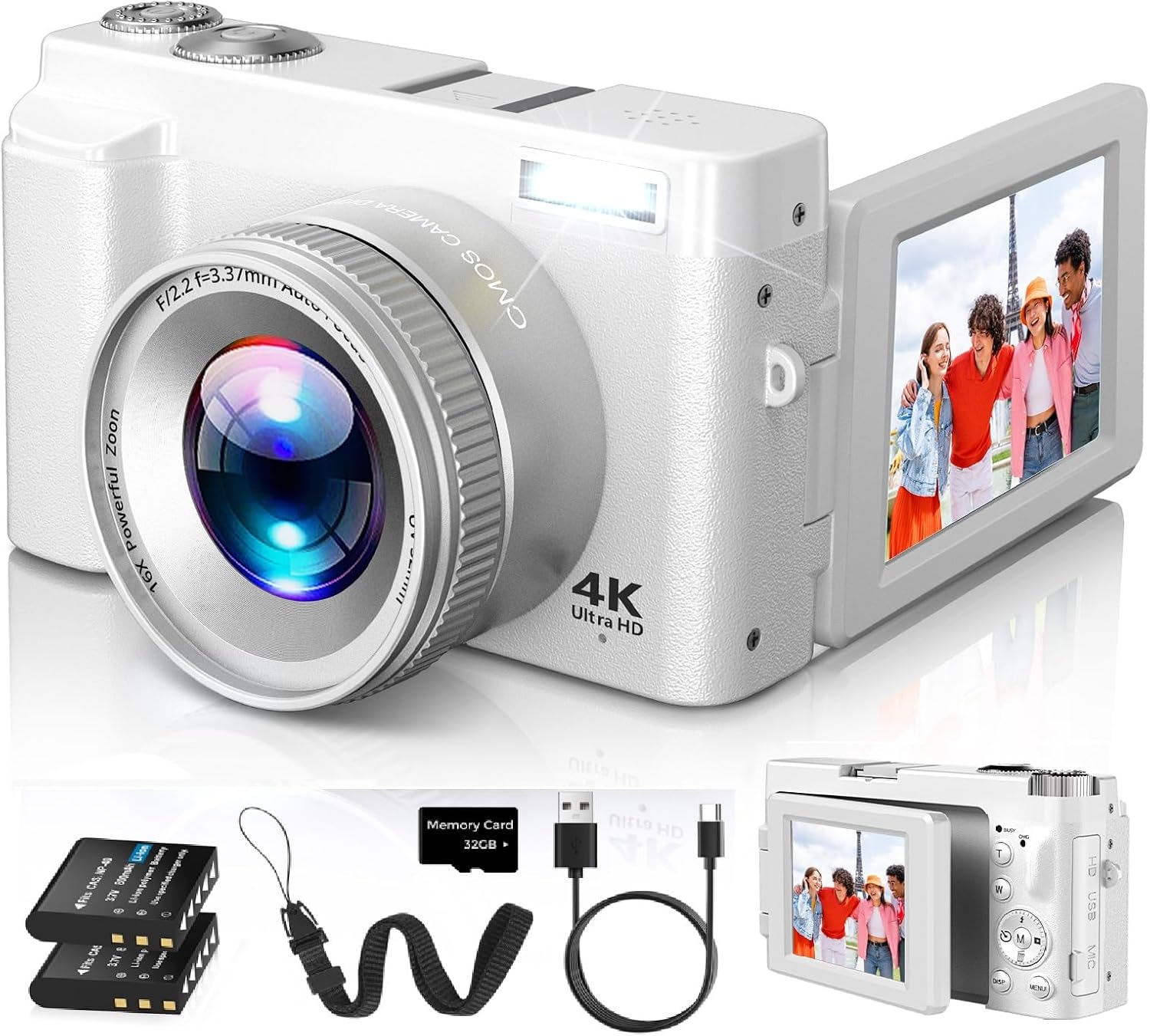 4K Digital Camera for Photography Autofocus with Flip Screen, 32GB Card