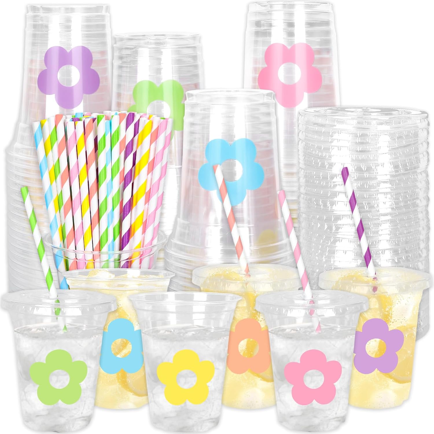 Whaline 60Pcs 12Oz Flower Disposable Plastic Cups with Lids and Straws Cute Pastel Floral Cold Beverage Drinking Cups for Spring Summer Wedding Birthday Baby Shower