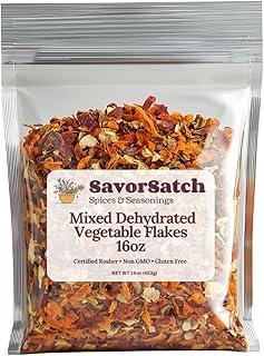 SavorSatch Dehydrated Mixed Dried Vegetable Flakes - 16oz Resealable Pouch | Bulk Pack | GMO-Free & Wheat Gluten-Free | Carrot, Onion, Celery, Tomato, Bell Pepper | No Added Salt | Certified Kosher | Perfect for Soups, Stews, Ramen, Emergency Supply, Backpacking, Camping, Long Shelf Life - 1 Pound