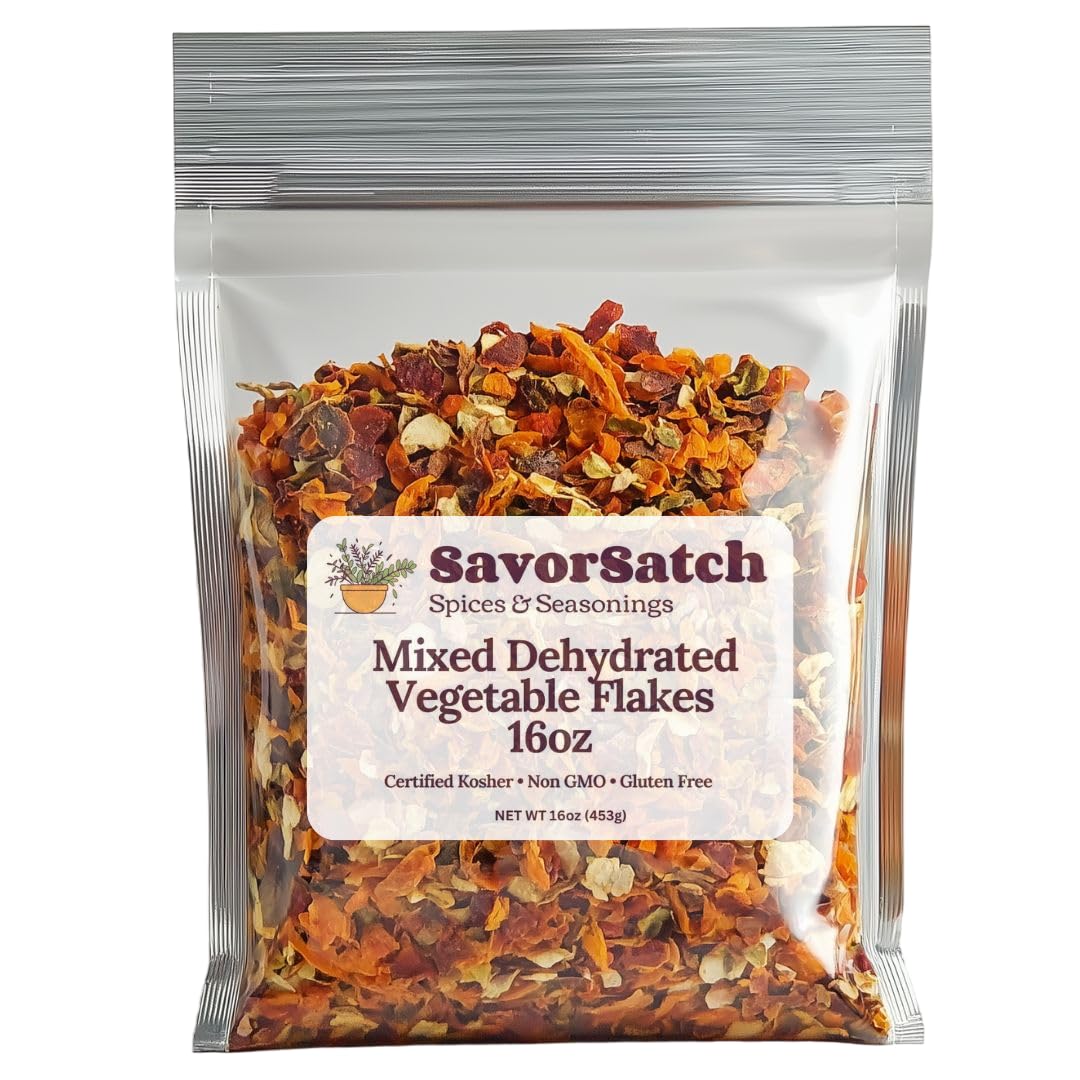 SavorSatch Dehydrated Mixed Dried Vegetable Flakes - 16oz Resealable Pouch | Bulk Pack | GMO-Free & Wheat Gluten-Free | Carrot, Onion, Celery, Tomato, Bell Pepper | No Added Salt | Certified Kosher | Perfect for Soups, Stews, Ramen, Emergency Supply, Backpacking, Camping, Long Shelf Life - 1 Pound