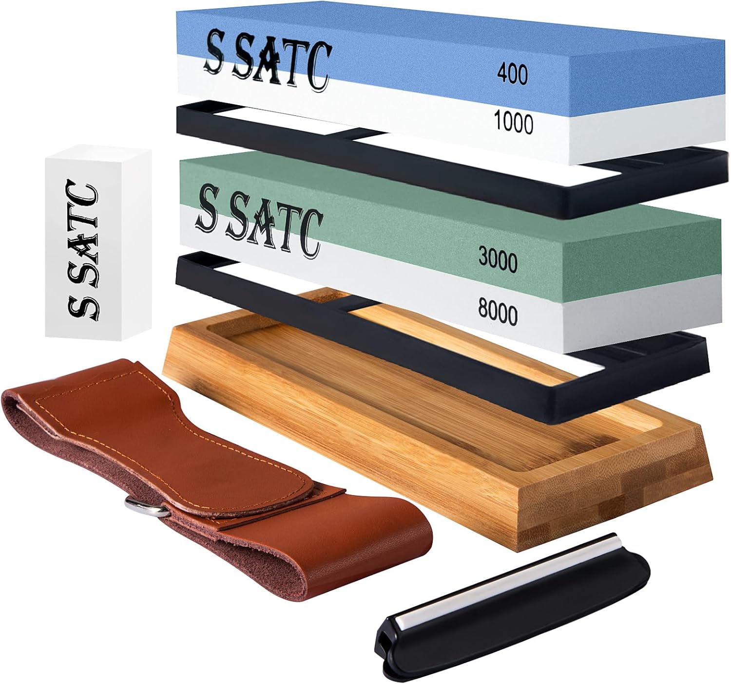 SATC Sharpening Stones for Kitchen Knives 400 1000 3000 8000 Grit Whetstone Knife Sharpener with Non-Slip Wood Base, Flattening Stone, Angle Guide and Leather Strop