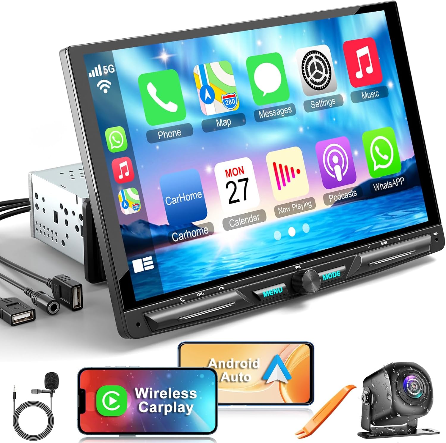 Wireless 10.1" Single Din Car Stereo CarPlay Radio, Carplay Android Auto Touch Screen, Bluetooth 5.3, Car Audio Receiver, 240W Subwoofer, Backup Camera, FM/AM SWC