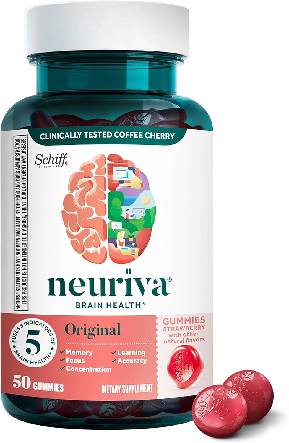 NEURIVA Original Brain Supplement for Memory, Focus & Concentration + Learning & Accuracy with Clinically Tested Nootropics Phosphatidylserine and Neurofactor, Strawberry Flavor, 50 Gummies