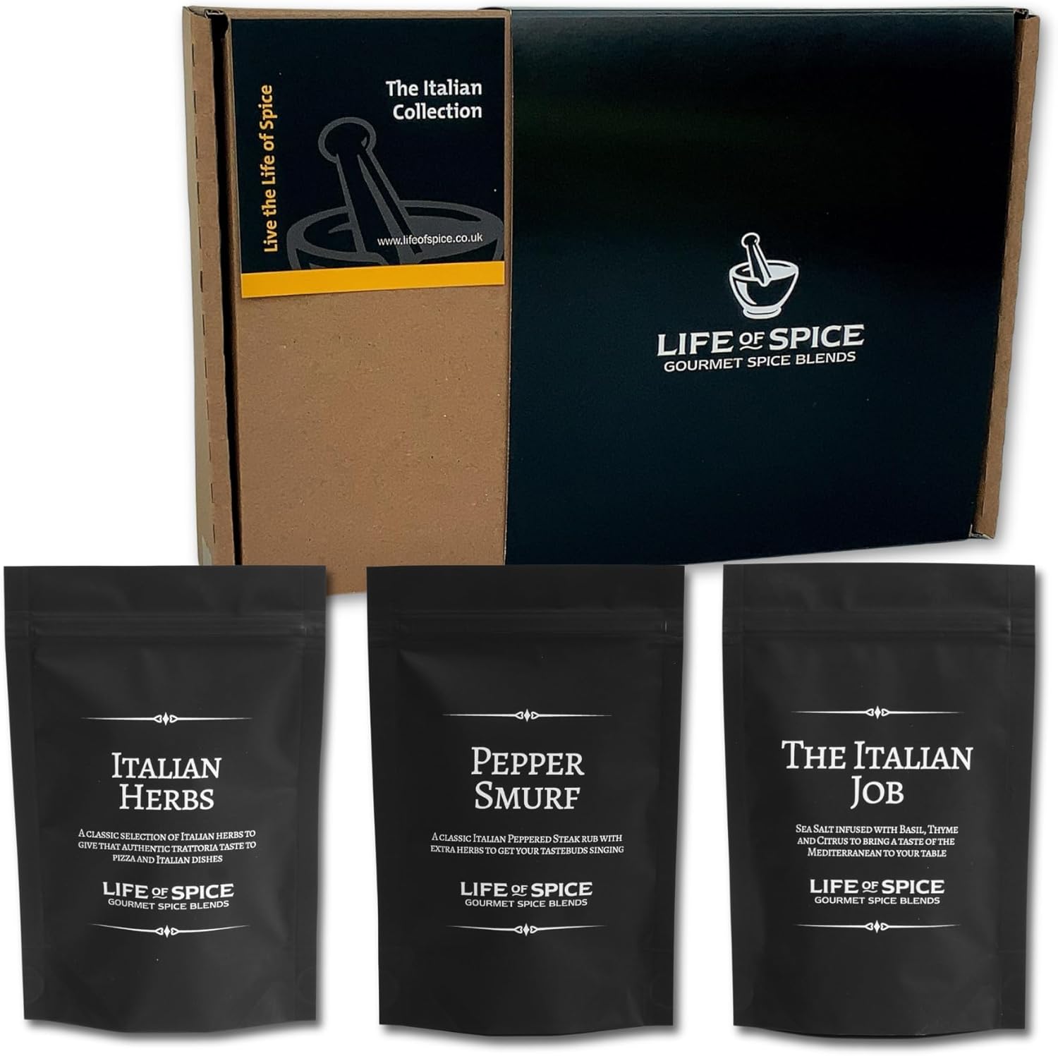 Life of Spice The Italian Collection | Spice Rub, Flavoured Salt and Herb Blend | 133g | 3 Unique Recipe Cards | Brilliant for Trattoria style Pasta, Pizza and Mediterranean dishes | Great Gift Idea