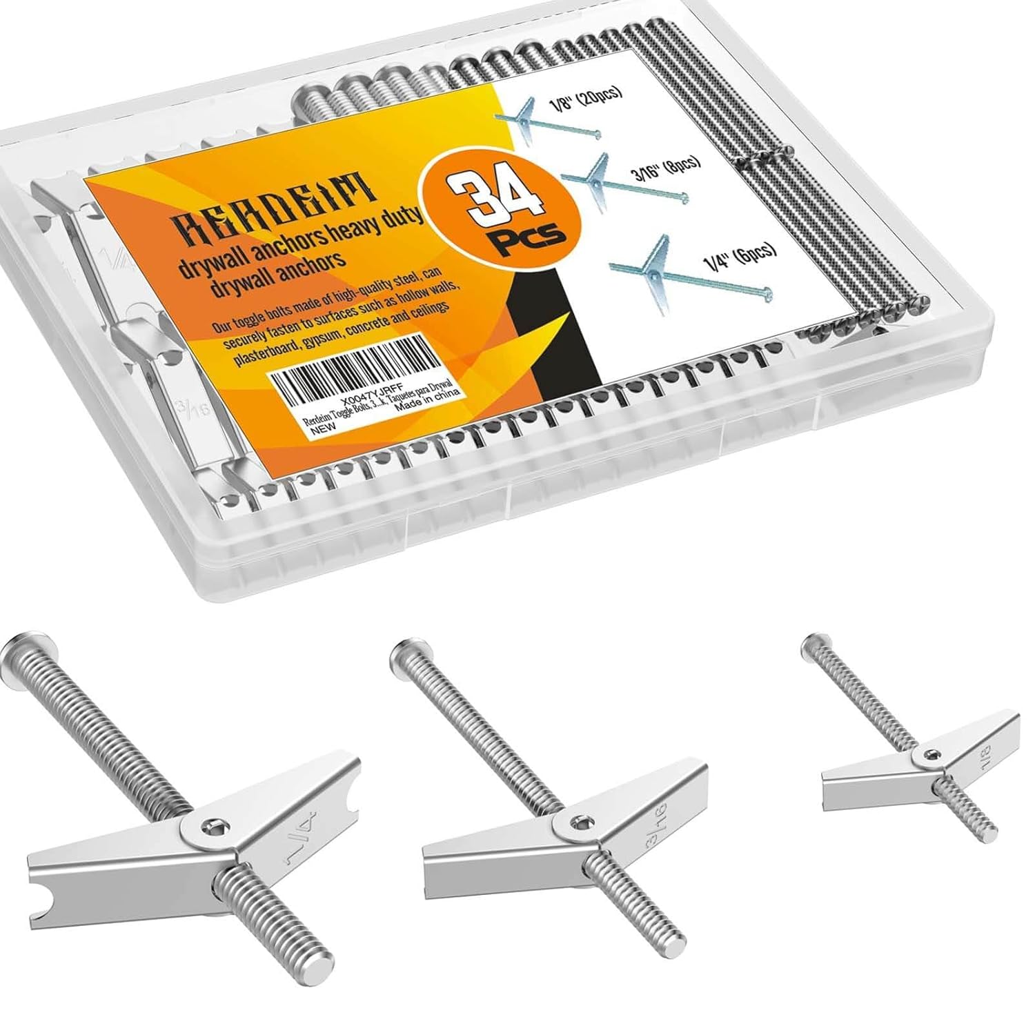 Rerdeim【34 Sets】 Toggle Bolts, Wall Anchor, 1/4" 3/16" 1/8" Butterfly Drywall Anchors, Heavy Duty Metal Screws for Hollow Wall Ceiling Sheetrock, Taquetes para Drywall
