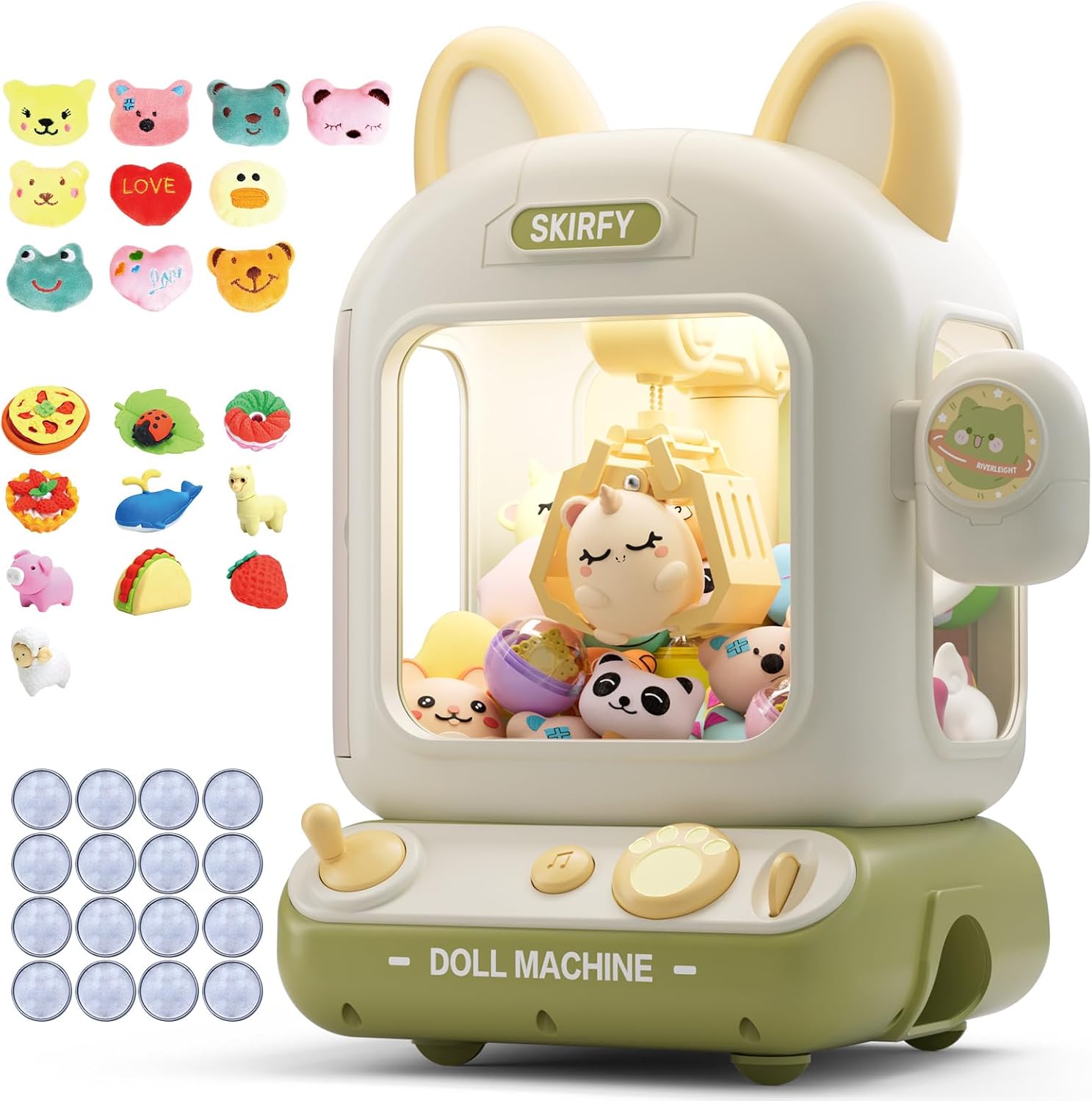 Skirfy Claw Machine for Kids,Mini Vending Machine, Prize Dispenser Toys for Girls and Boys, Electronic Game for Party Birthdays Includes 32 Mini Toys(Green)