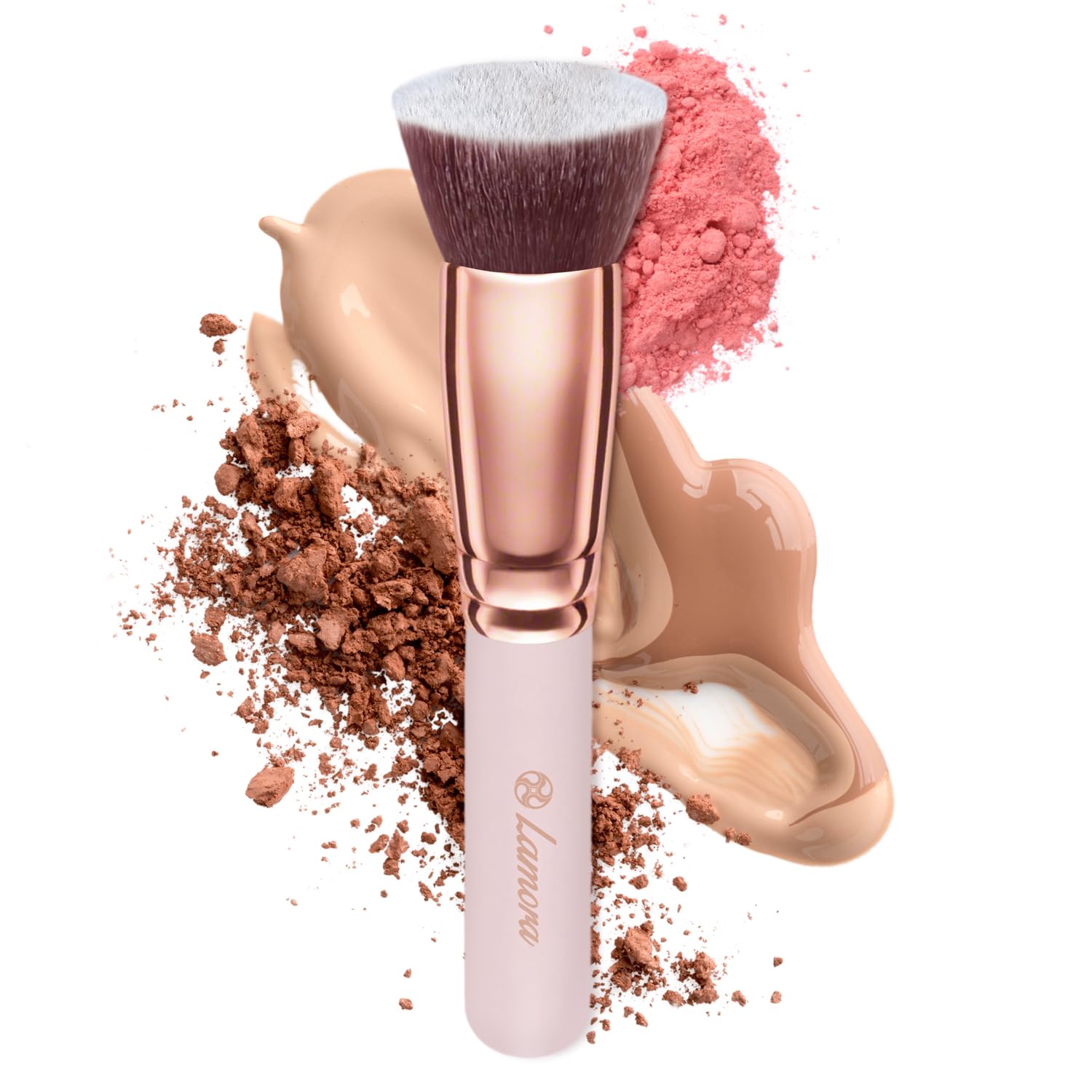 LAMORA Foundation Brush for Liquid Makeup - Kabuki Face Brush for Cream, Powder, Blush, and Concealer - Flat Top Blending, Buffing, Stippling Brush