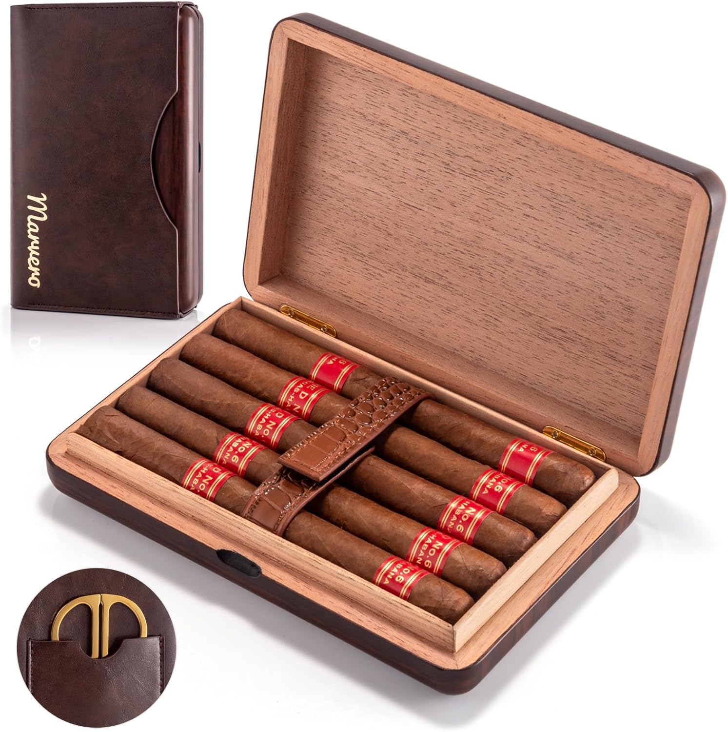 Cigar Humidor, Travel Cigar Case, Cedar Wood Humidor Cigar Box with Leather Case, Portable Travel Humidor Cigar Case For Men | Waterproof | Crushproof | Airtight | Durable (Holds 5-10 Cigars)