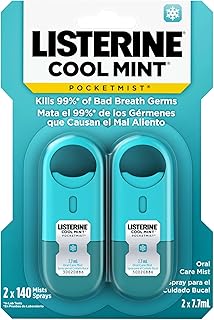 Listerine Cool Mint Pocketmist, Oral Care Mist for Fresh Breath, Non-Aerosol Sugar-Free Bad Breath Refresher Spray to Kill 99% of Bad Breath Germs, Portable, Cool Mint Flavor, 7.7 mL, 12 Mists