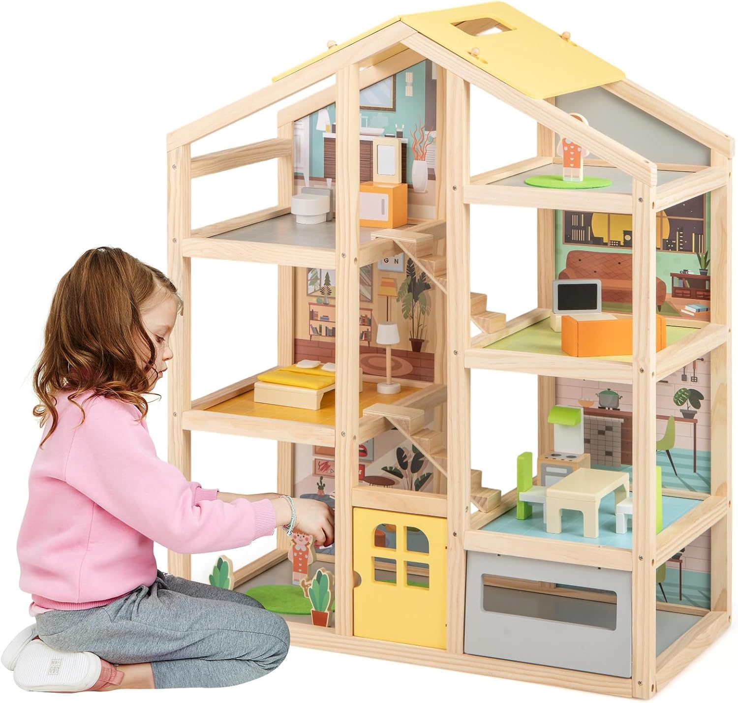 COSTWAY Wooden Dollhouse, Kids DIY Pretend Playhouse with 7 Rooms, Furniture Accessories & Figures, Large Dolls House for Girls Boys Ages 3+
