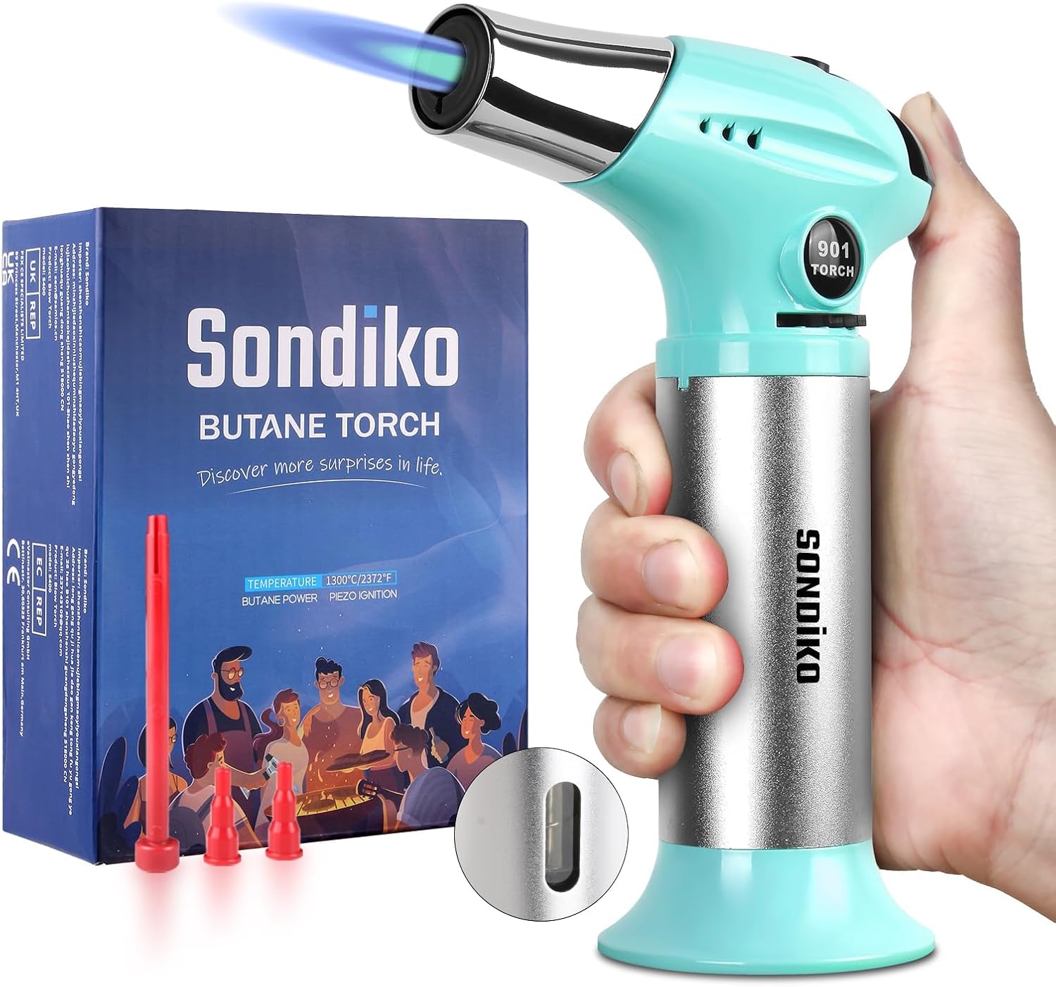 Sondiko Blow Torch with Fuel Gauge S901, Refillable Butane Torch Lighter with Adjustable Flame for Creme Brulee DIY, Creme Brulee, BBQ and Baking, Butane Gas Not Included