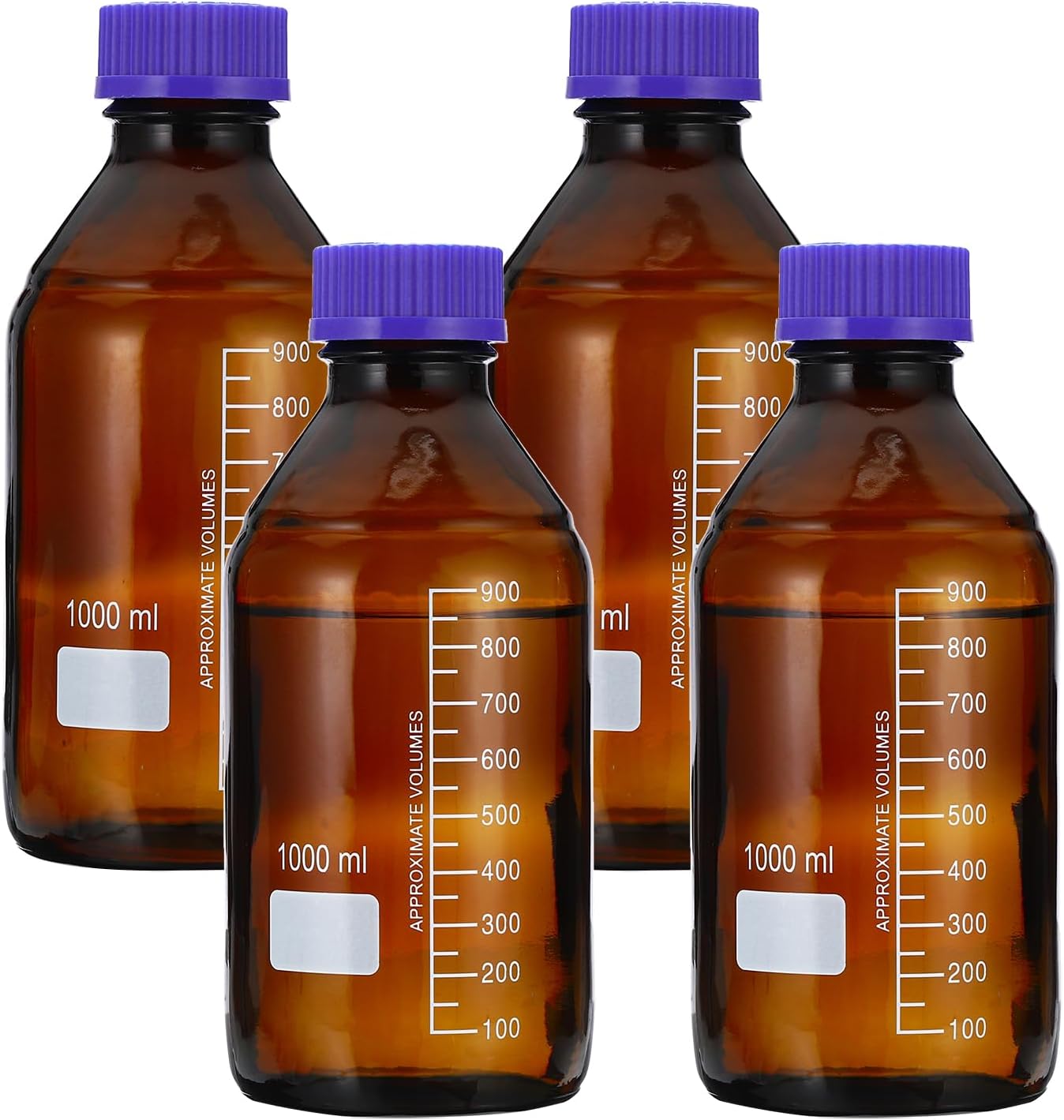 PATIKIL 4 Pack Reagent Media Storage Bottles, 1000ml Borosilicate Glass Graduated Round Bottles with GL45 Blue Screw Cap for Lab Water Reagent Liquids, Brown