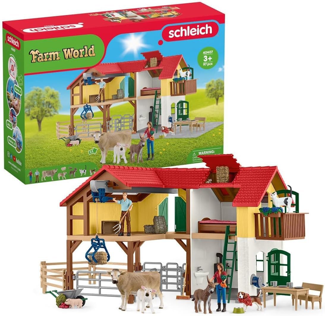 Schleich Farm World - 97 PC Toy Farm House Playset for Kids - Includes Farmhouse, 2 Farmer Figurines, Pets and Barnyard Animal Figures - Fun, Educational Toys for Boys and Girls Ages 3+ | 42407