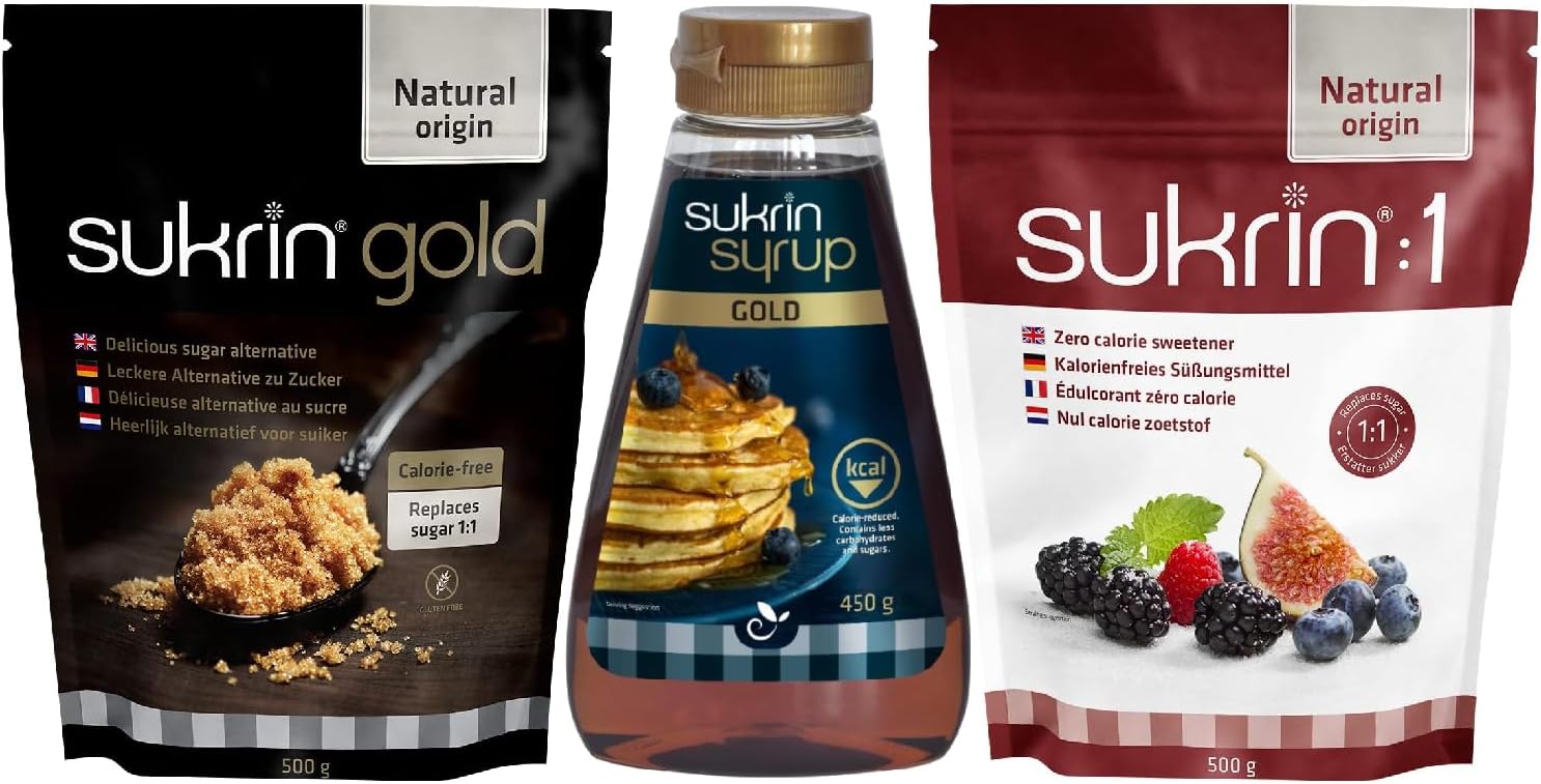 Sukrin Sweetener Bundle - Gold 500g, Sukrin:1 500g, Sukrin Syrup Gold 450g