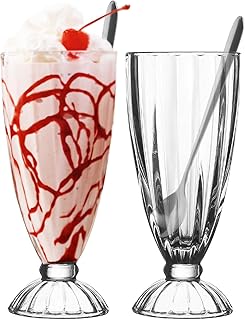 Milkshake Glasses Cups Soda Fountain with Spoons, Milk Shake, Ice Cream Soda Glass, 11.5 Ounce, Clear, Set of 2
