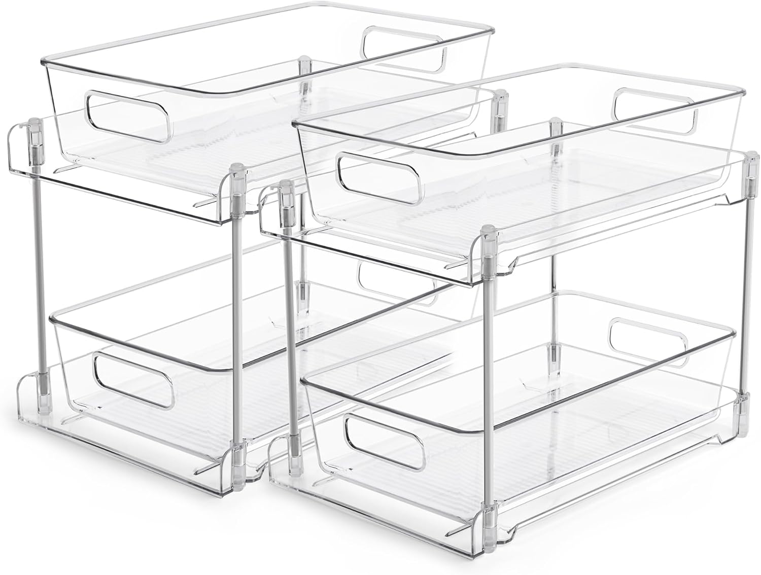 Vtopmart 2 Tier Bathroom Storage Organizer, 2 Pack Clear Under Sink Organizers Vanity Counter Container, Cabinet Drawers Bins, Pull-Out Organization with Track for Pantry, Kitchen