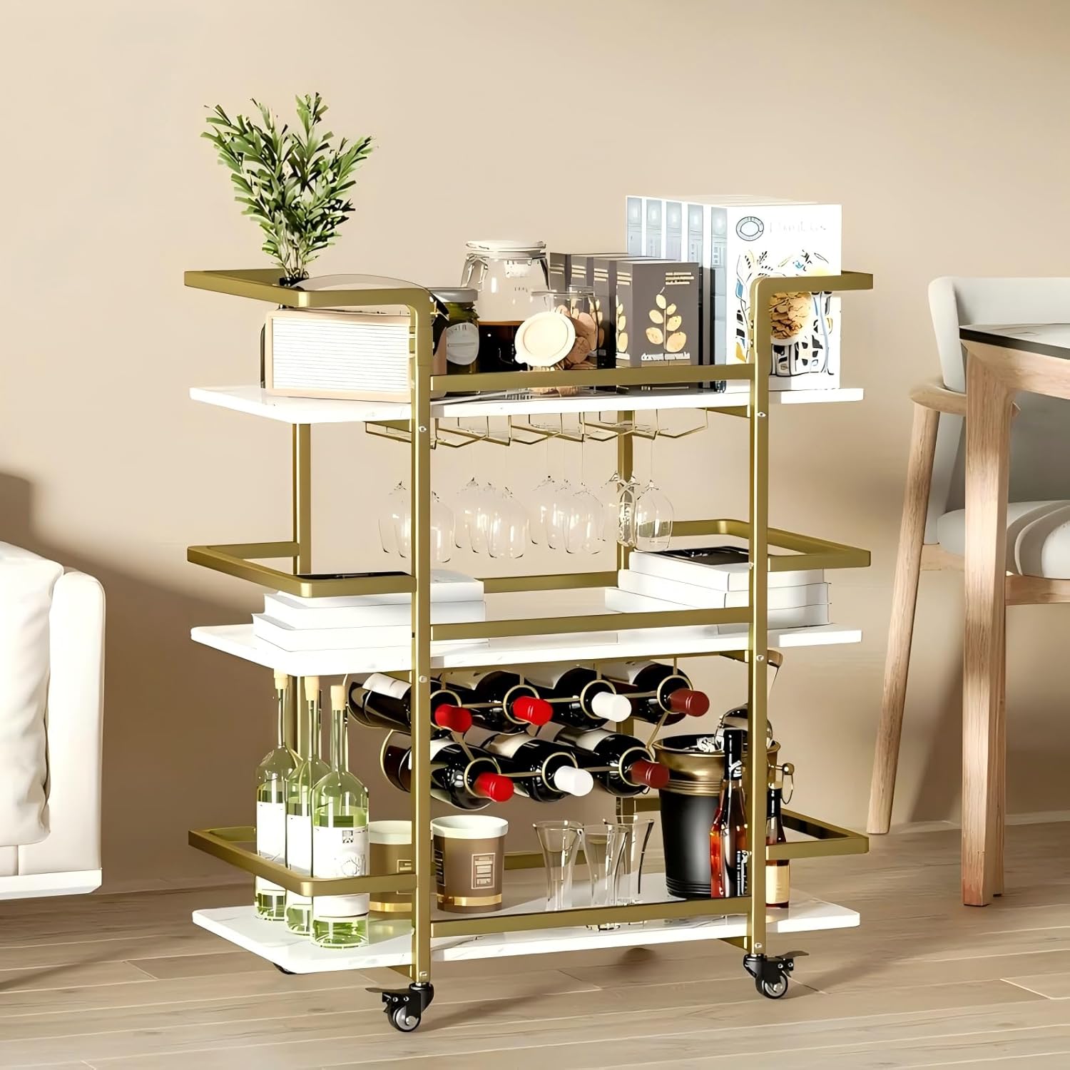 DAWNYIELD 3-Tier Bar Serving Cart, Mobile Wine Cart on Wheels with Wine Rack and Glass Holder, Rolling Kitchen Storage Trolley with Marble Pattern Plate for Kitchen Living Room Home Bar(Golden)