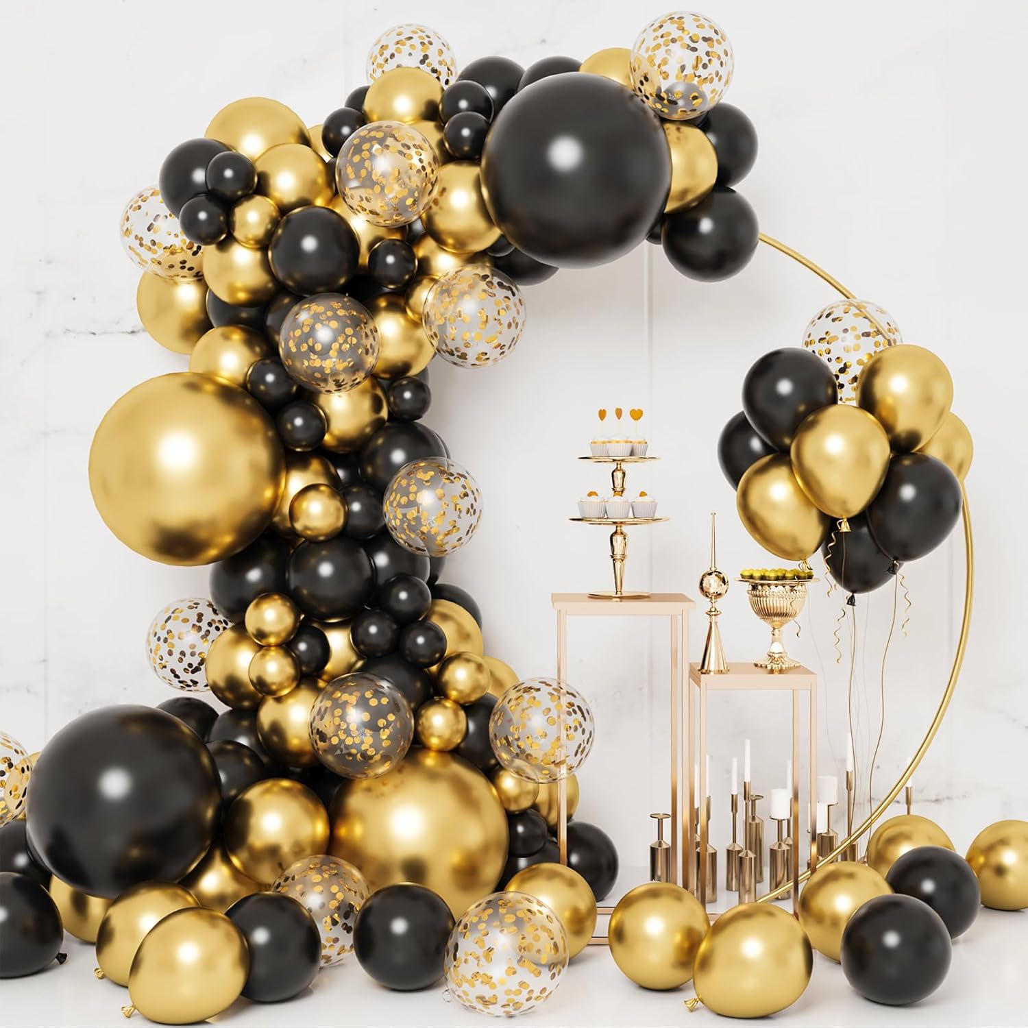 RUBFAC 130pcs Black and Gold Balloons, Black Metal Gold and Metallic Confetti Gold Balloons for 2025 Graduation Class Decorations Retiremen Party Baby Shower Wedding Birthday Anniversary