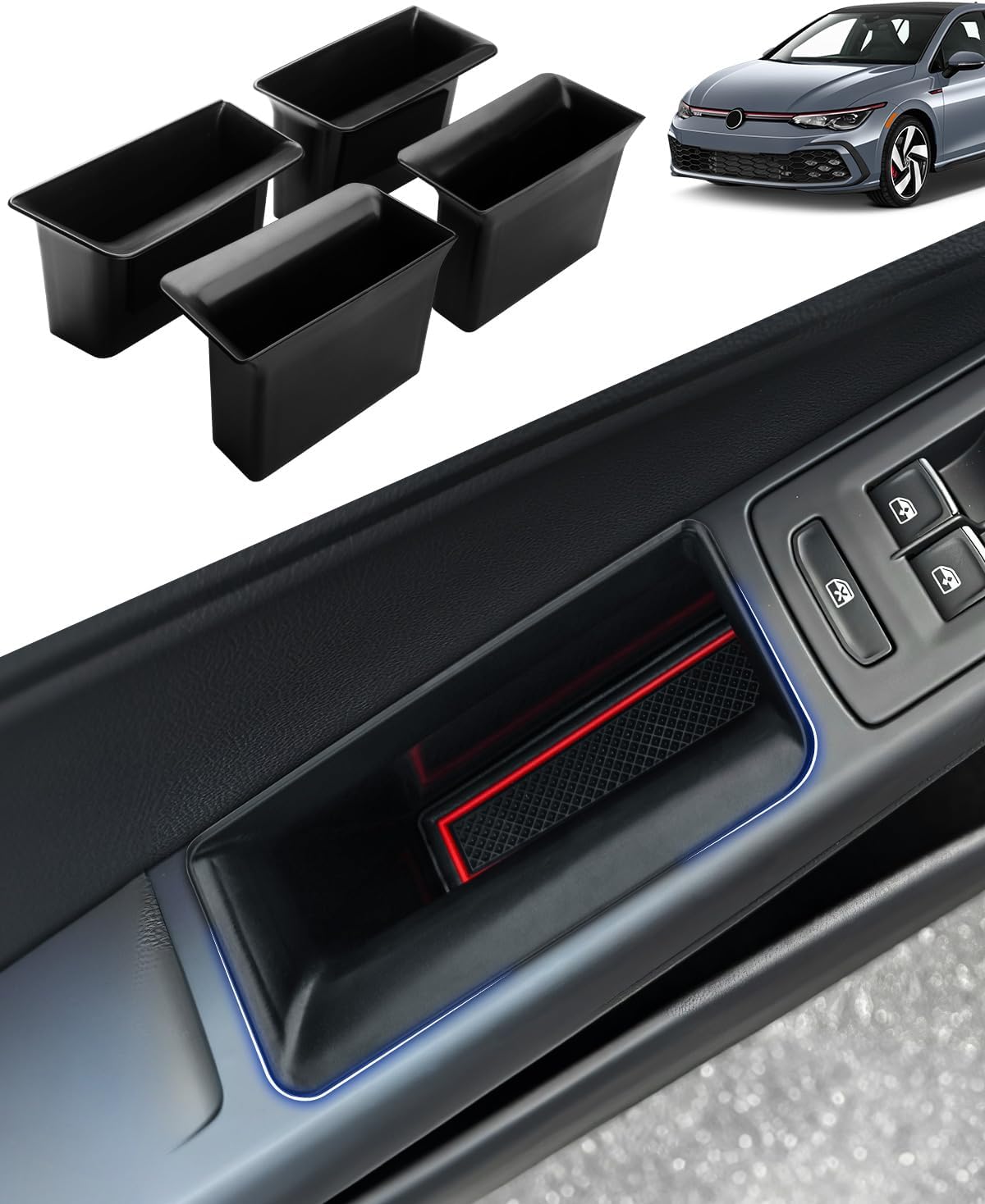 Karltys Door Side Organizer Tray for 2022-2025 VW Volkswagen Golf GTI R MK8 Accessories Front & Rear Door Side Storage Box Grab Handle Pocket Box Insert 4PCS