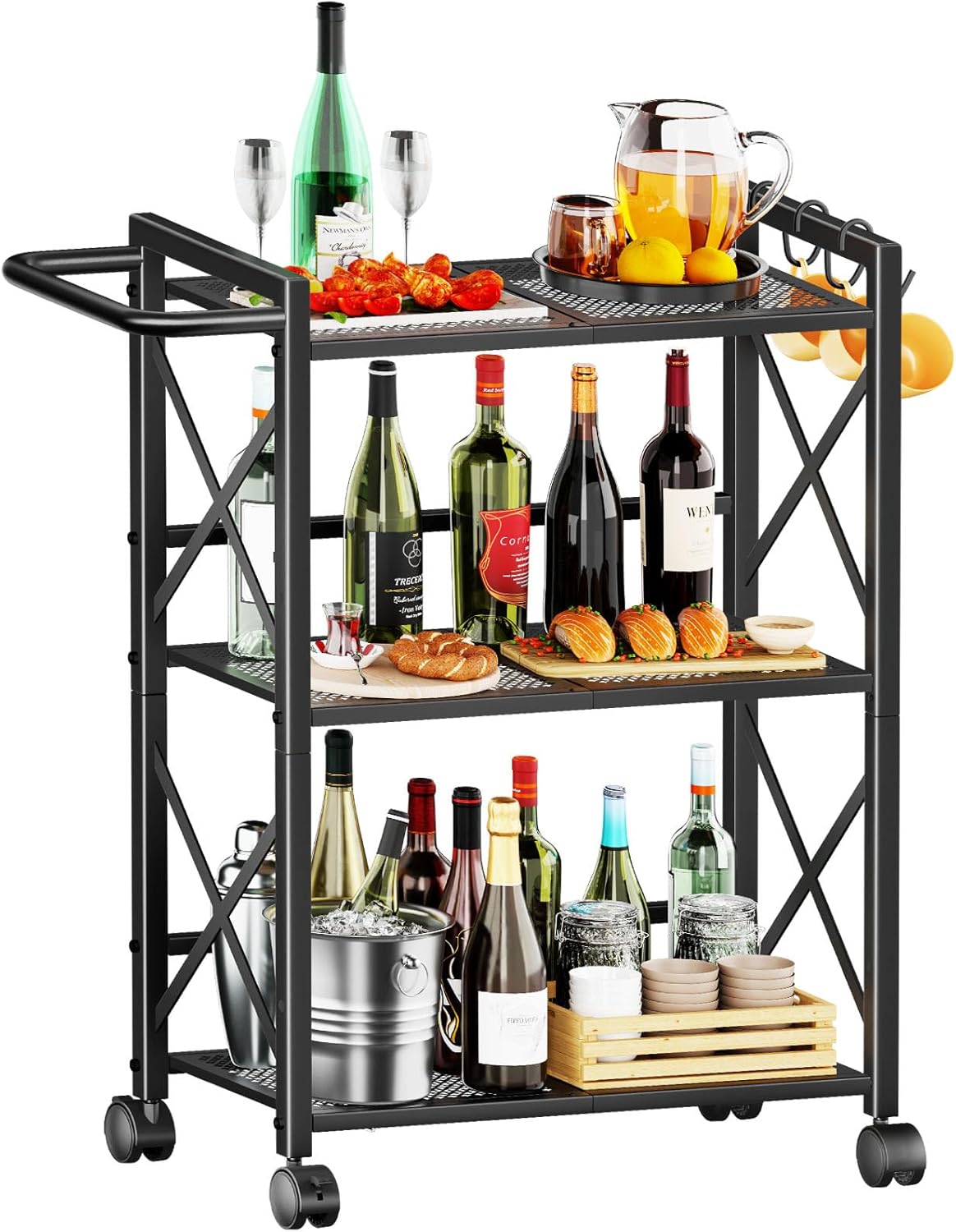 Simple Trending Rolling Cart, 3 Tier Bar Cart with Wheels, Heavy Duty Metal Storage Dining Cart for Kitchen, Black