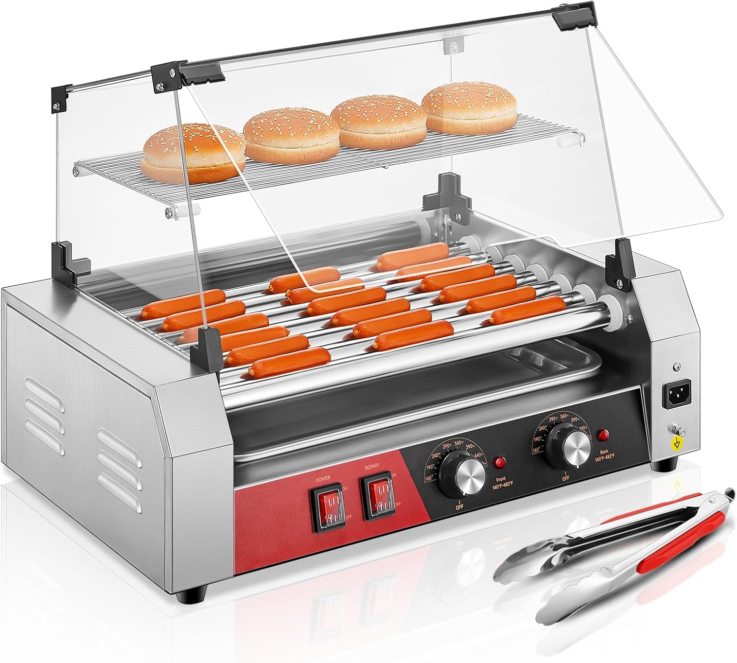 HOUSNAT Hot Dog Roller, 7 Rollers 18 Hot Dog Capacity,1050W Stainless Steel Hot Dog Machine with Bun Shelf, Drip Tray, Glass Cover & Dual Temp Control for for Kitchen, Party, and Canteen Use
