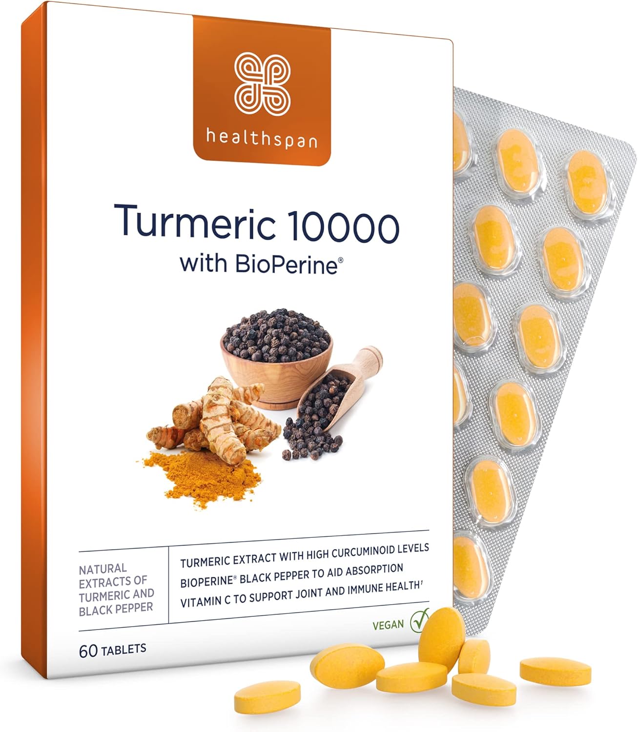 Healthspan Turmeric 10,000mg with BioPerine Black Pepper Extract (2 Months’ Supply) | High Potency Turmeric Extract | Supports Immune, Bone & Cartilage Health | BioPerine aids Absorption | Vegan