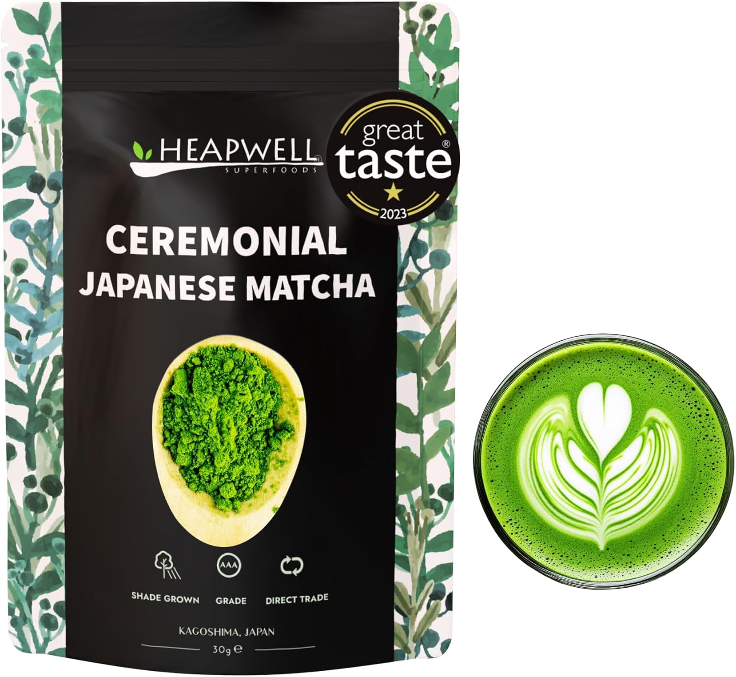 Heapwell Matcha Japanese Ceremonial Grade Green Tea Powder Great Taste Award Winner 2024 Sourced from Kagoshima Japan (30g, 30 Servings)
