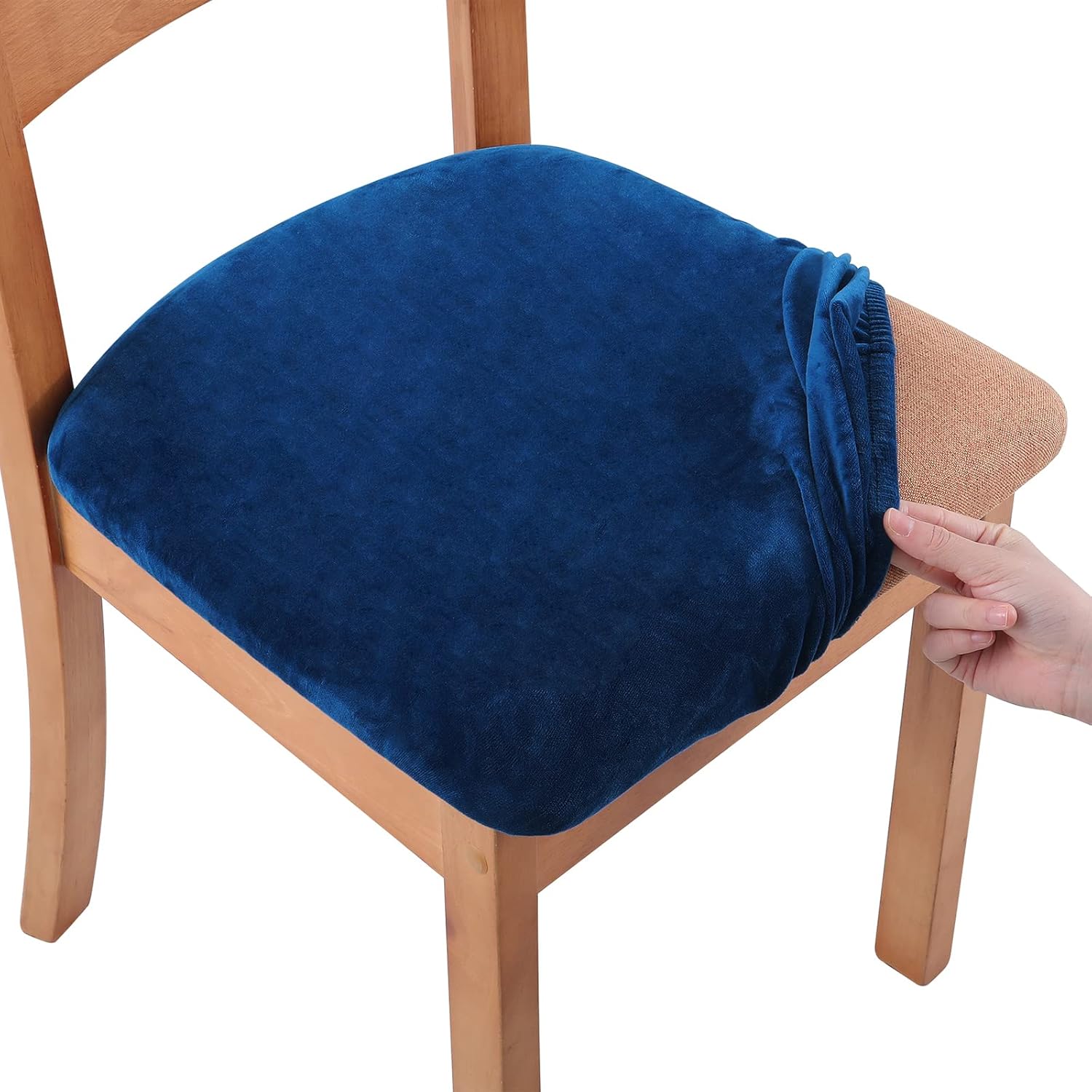 smiry Stretch Chair Seat Covers for Dining Room, Velvet Dining Chair Seat Protectors Chair Slipcovers, Set of 4, Navy Blue