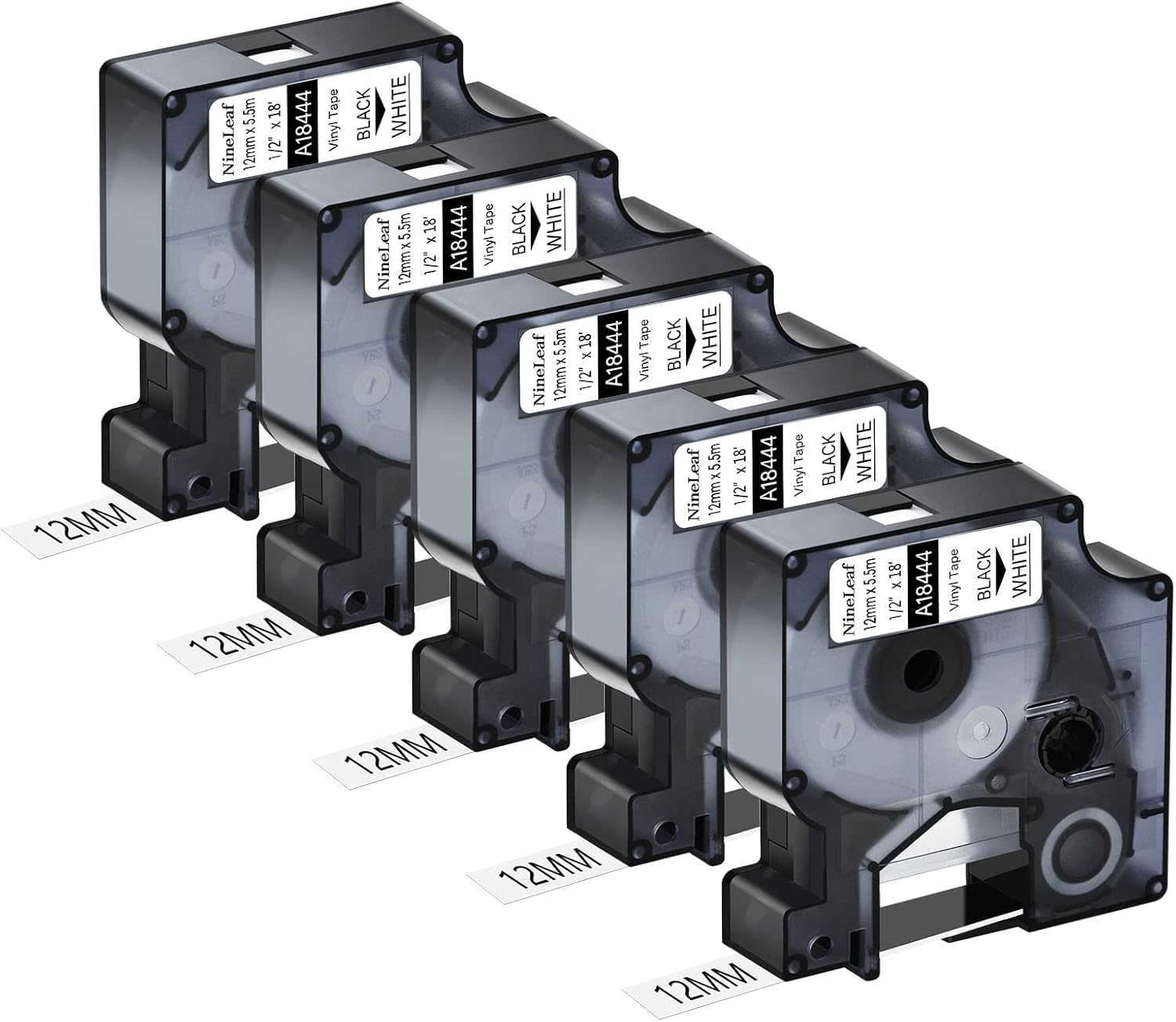 NineLeaf 5X Compatible Label Replacement for Dymo Rhino 18444 12mm x 5.5m Industrial Vinyl Tape Work for DYMO Rhino 5200, 4200, 6000 Industrial Label Maker, Black on White