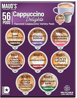 Maud's Cappuccino Coffee Pods Variety Pack, 56 ct | 8 Assorted Cappuccino Delight Flavors | 100% Arabica Coffee | Solar Energy Produced Recyclable Pods Compatible with Keurig K Cups Maker