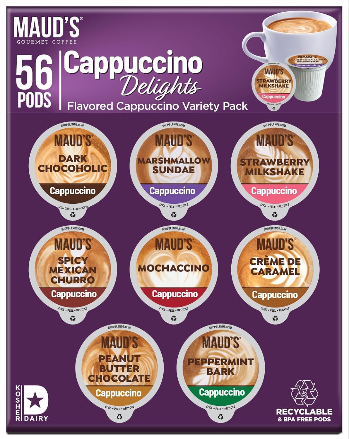Maud's Cappuccino Coffee Pods Variety Pack, 56 ct | 8 Assorted Cappuccino Delight Flavors | 100% Arabica Coffee | Solar Energy Produced Recyclable Pods Compatible with Keurig K Cups Maker