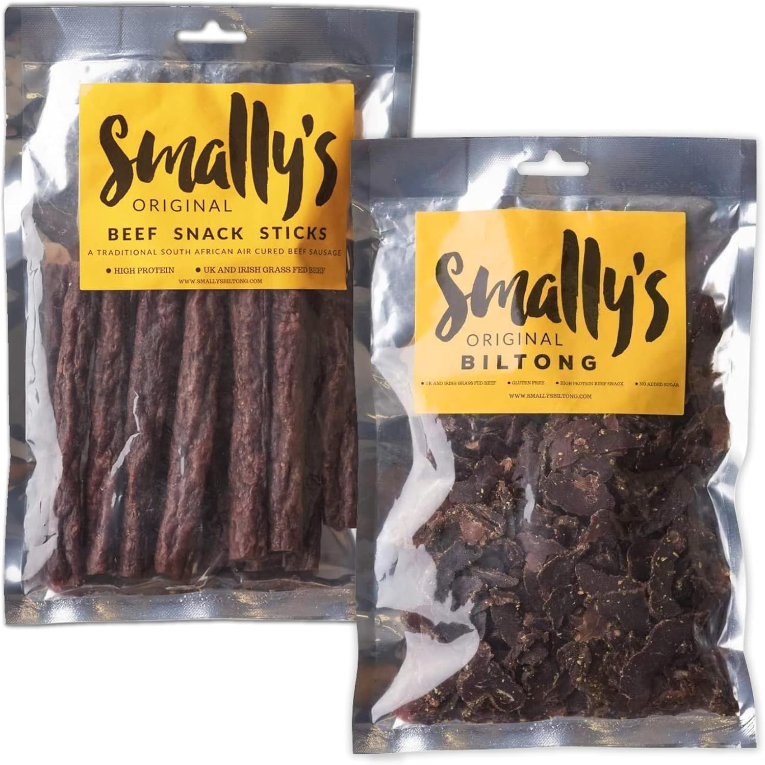 Smally's Biltong - Original Biltong 250g and Beef Snack Sticks 250g, Combo Pack, Droewors, High Protein Beef Snack, Traditional South African Flavour - 2 x 250g Pack
