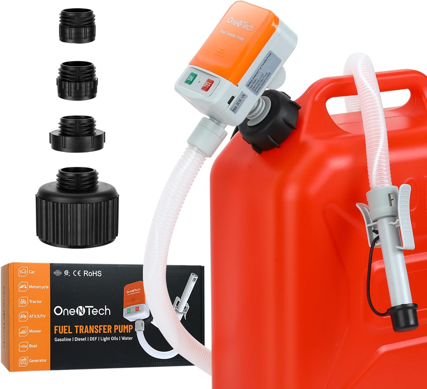 Fuel Transfer Pump Battery Powered with Auto-Stop & Spill-Free, Portable Gas Pump for Gas Can with 4 Can Adapters, 51'' Hose, Gas Can Pump for Gasoline/Diesel/Kerosene (Fuel Can/Battery Not Included)