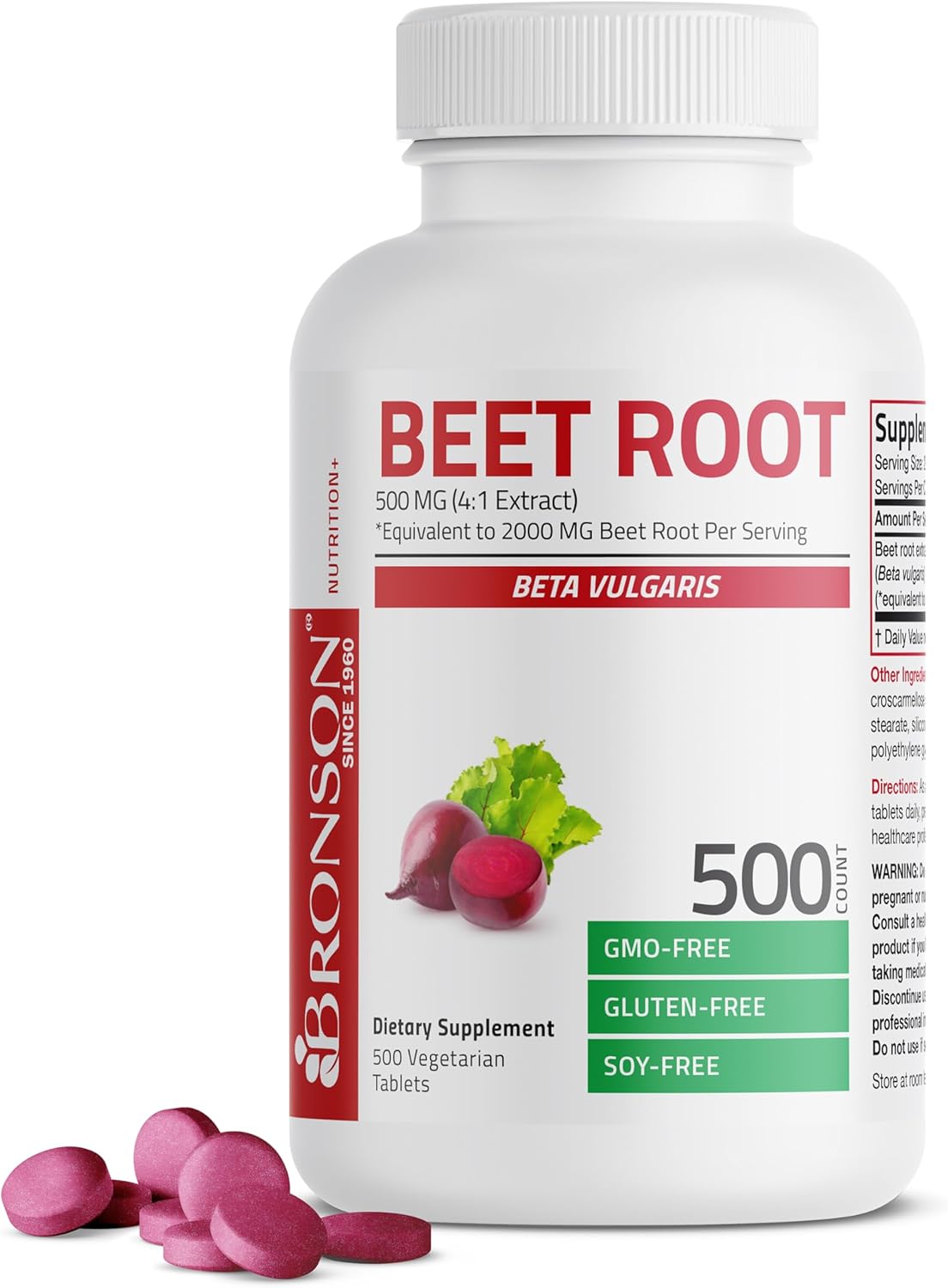 Bronson Beet Root Extra Strength (Equivalent to 2000mg Beet Root per Serving from 500mg 4:1 Extract), Non-GMO, 500 Vegetarian Tablets